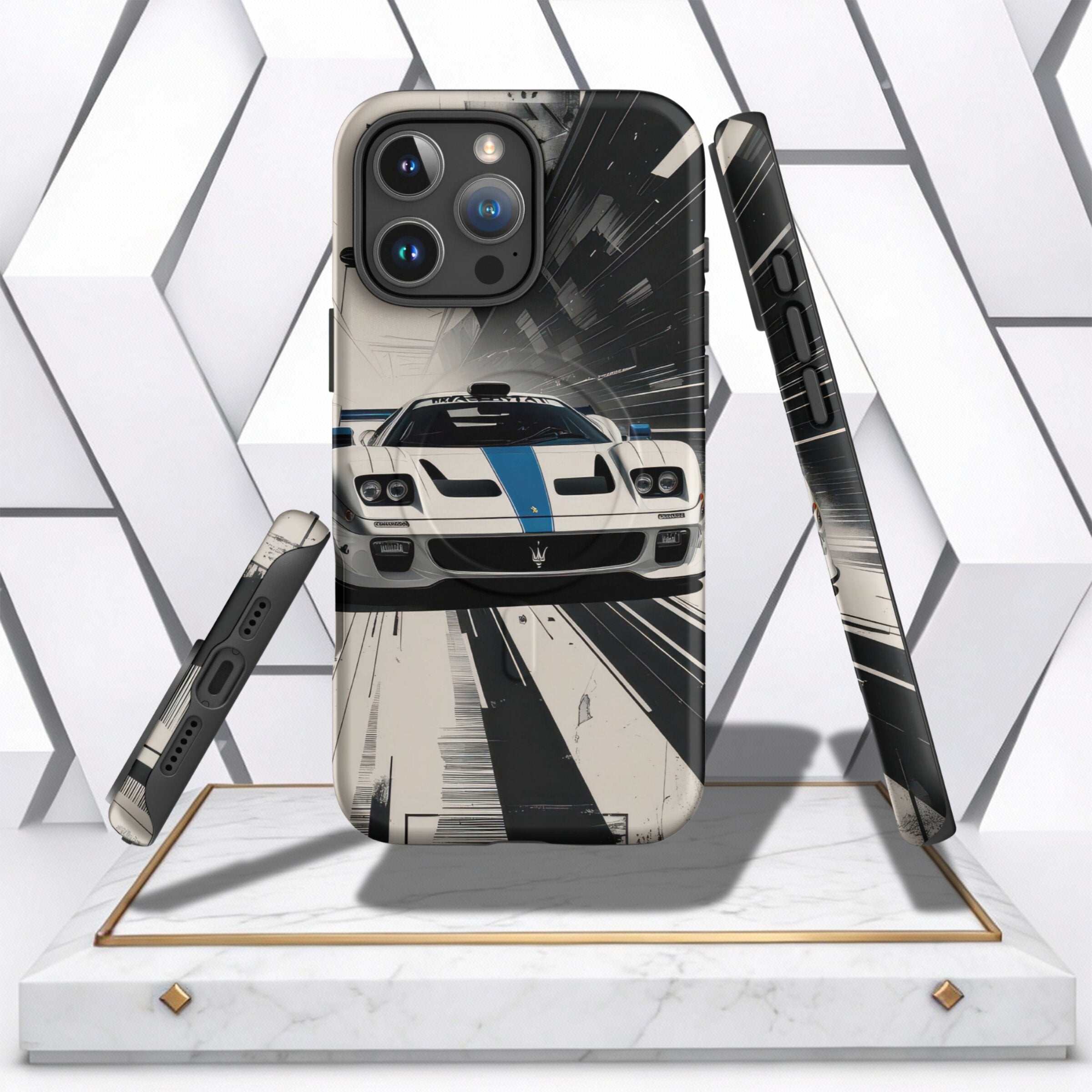 Coocosh iPhone Case featuring a vintage-styled Maserati racing car design, blending classic automotive aesthetics with modern phone protection. The case offers a sleek, form-fitting design, showcasing a black and white tunnel backdrop and providing a uniq