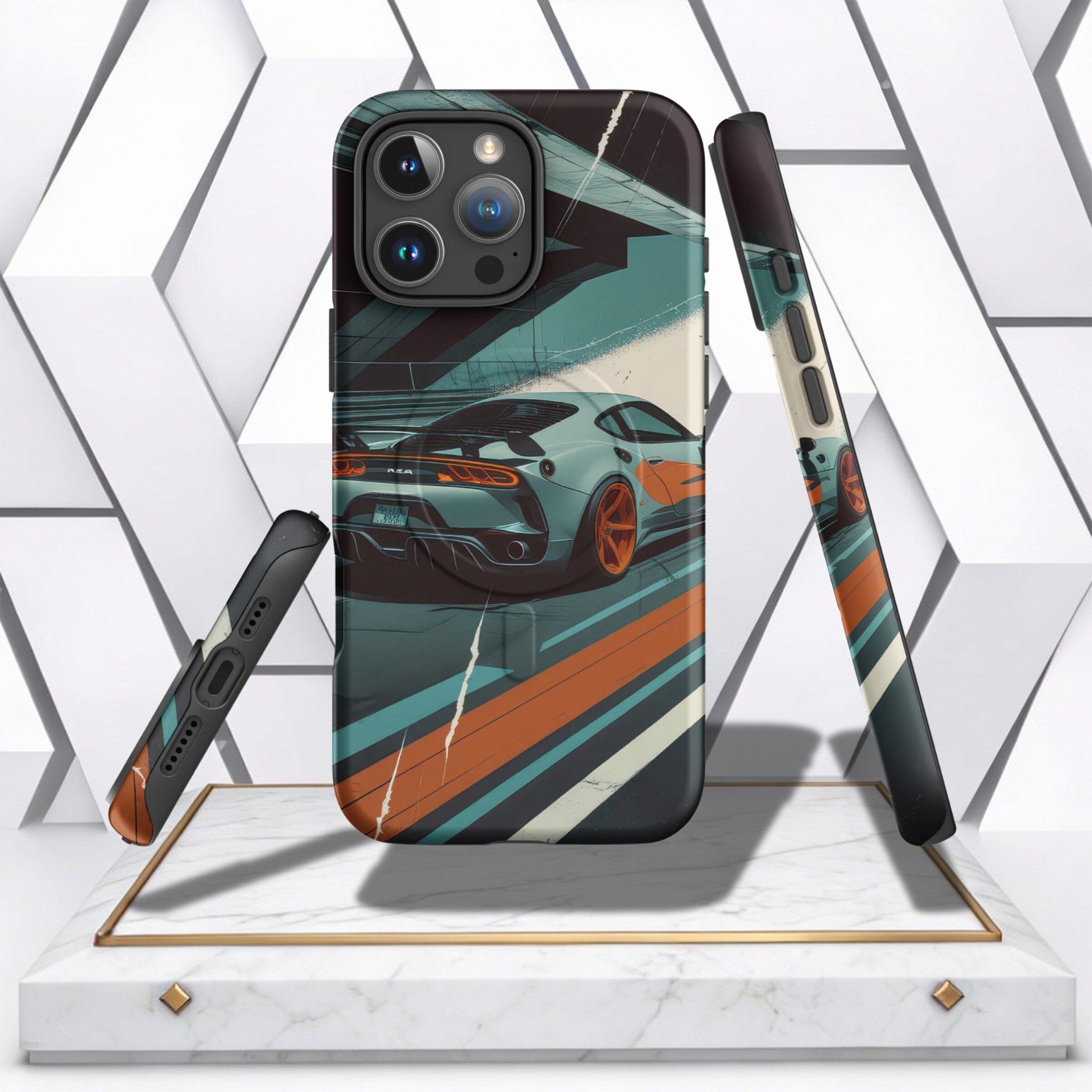 Coocosh Phone Case featuring a stylish car design, offering durable protection and a sleek look. The case sports teal, orange, and white stripes, showcasing artistic flair. Displayed in a studio setting, it's perfect for car enthusiasts and those seeking 