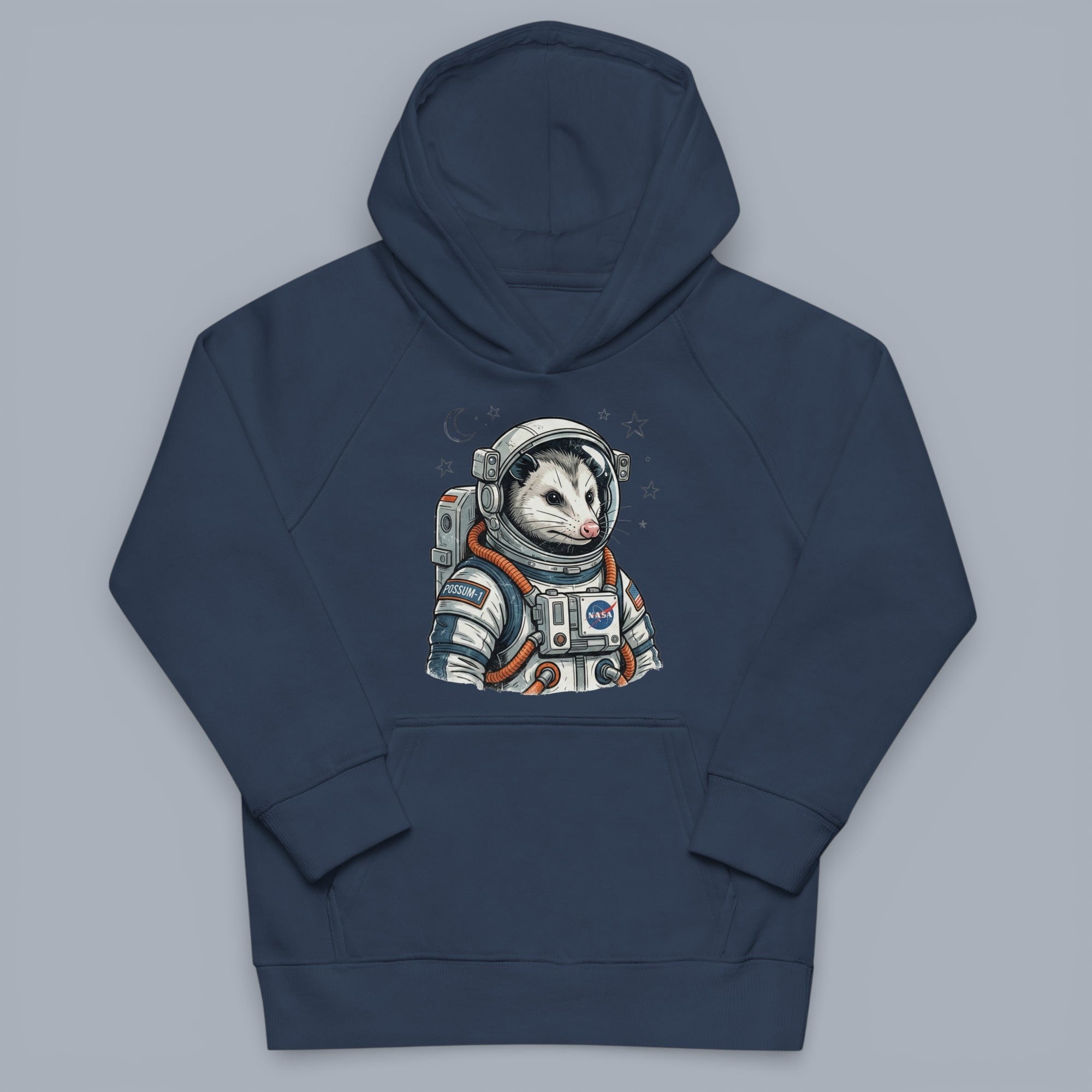 Coocosh Hoodie featuring an astronaut opossum graphic, showcasing unique style and comfort in dark blue. A playful yet stylish garment for everyday wear.