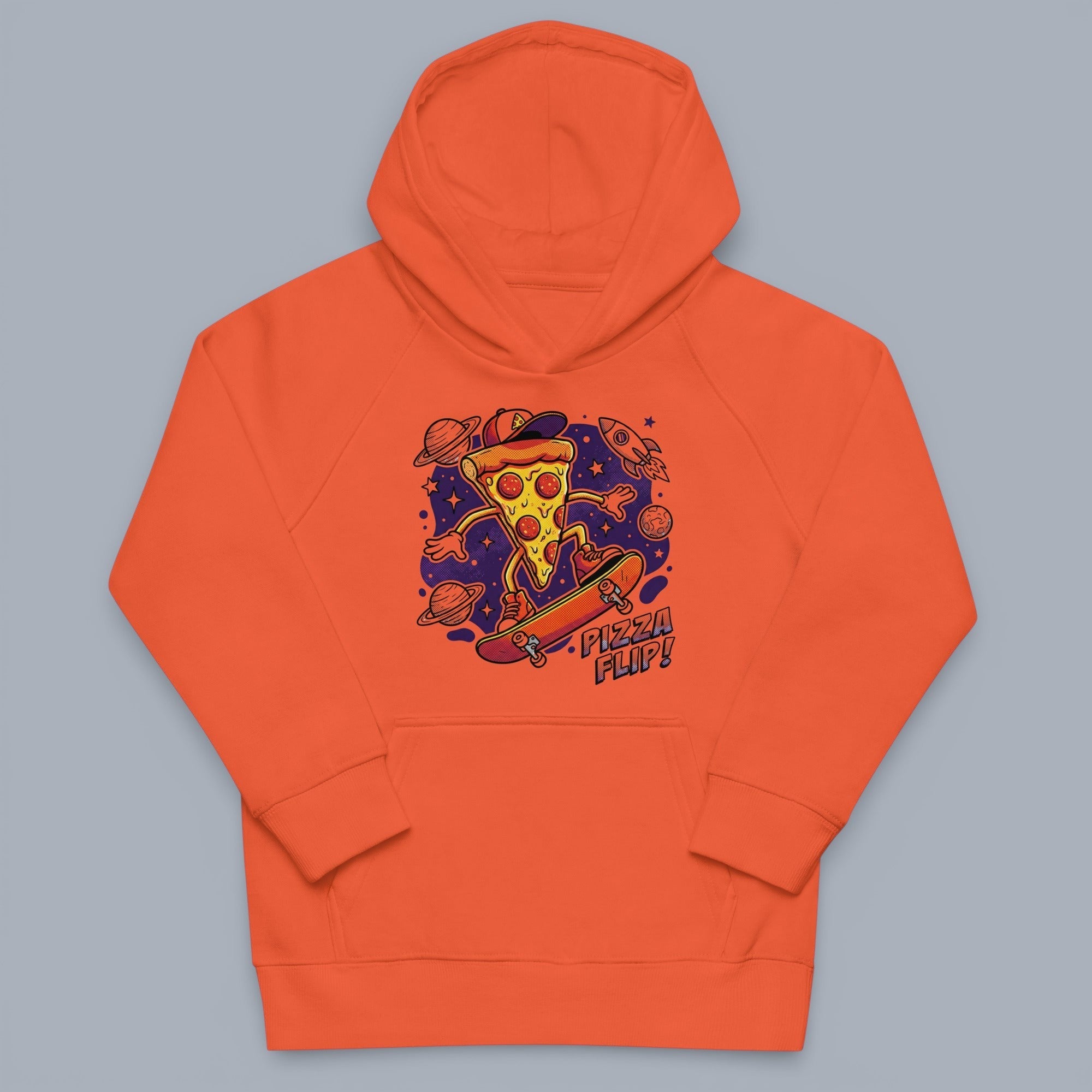 Coocosh hoodie featuring a pizza slice character skateboarding among planets and a rocket, vibrant orange color. A fun, playful design for casual wear. Full shot.
