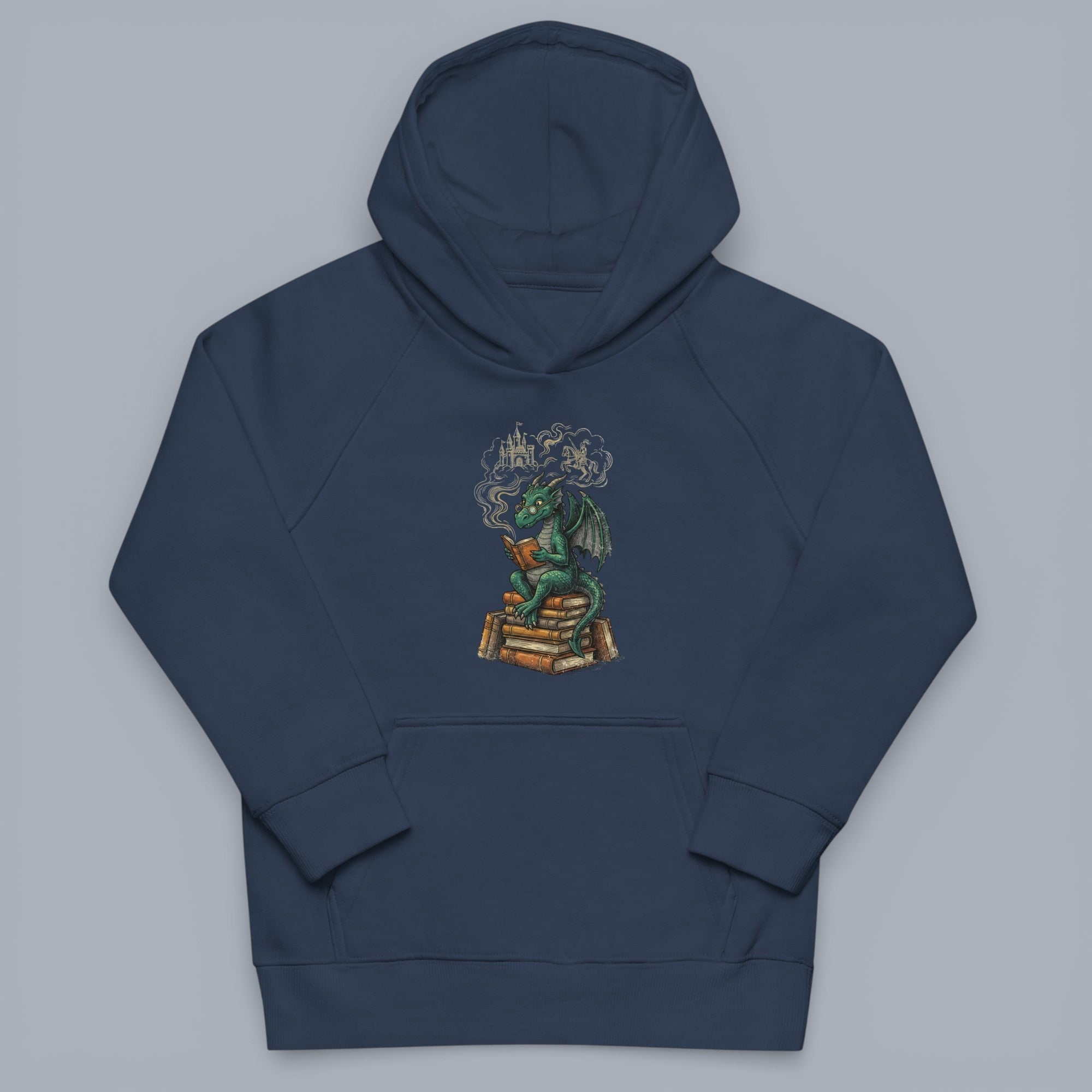 Coocosh Hoodie featuring a whimsical dragon reading on books, dreaming of castles and knights. This soft, deep blue hoodie offers comfort and style for book lovers. A classic look.