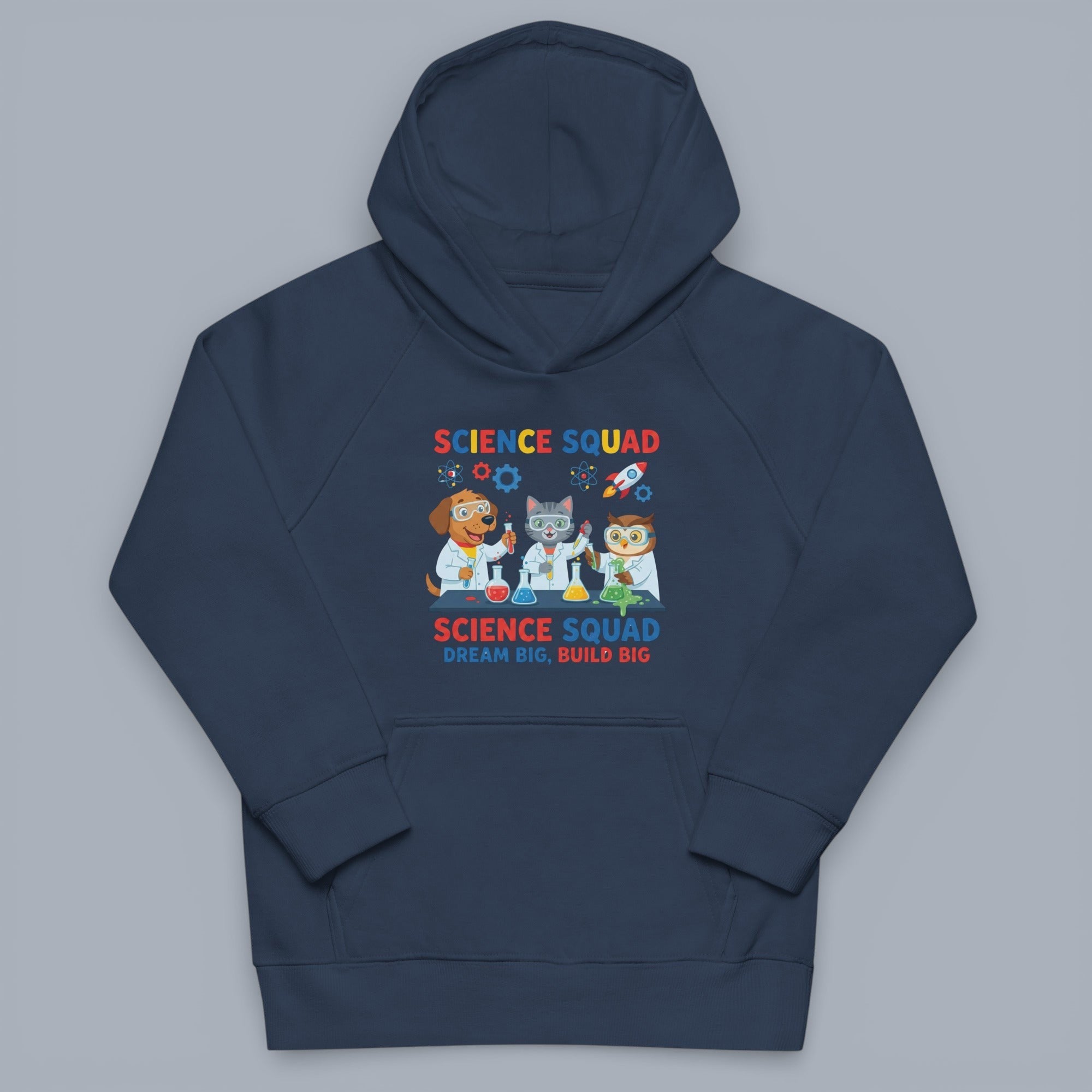 Coocosh Hoodie featuring a science squad graphic with cartoon animals, a comfy and stylish hoodie for kids who love science, Dream Big Build Big text, navy blue color, standard fit. A fun way to explore STEM!.
