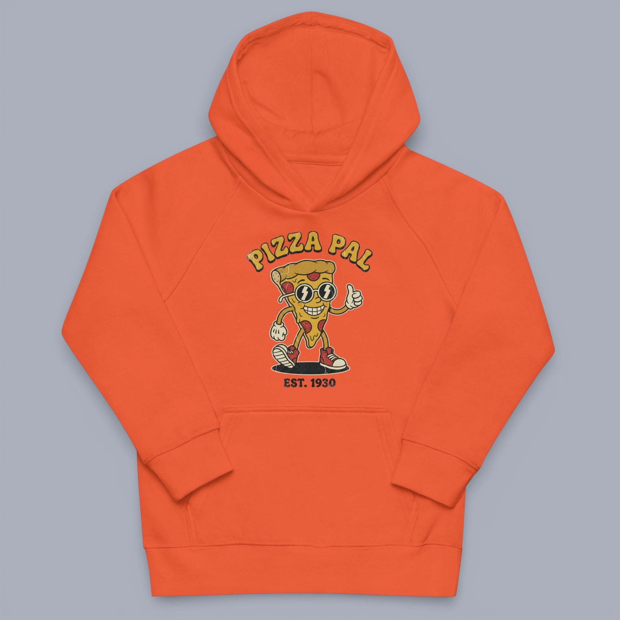 Coocosh hoodie featuring a retro cartoon pizza slice character giving a thumbs up, accompanied by "Pizza Pal EST. 1930" text, perfect for a fun and vintage streetwear look. The hoodie is a vibrant orange color and made of comfortable material, showcased o