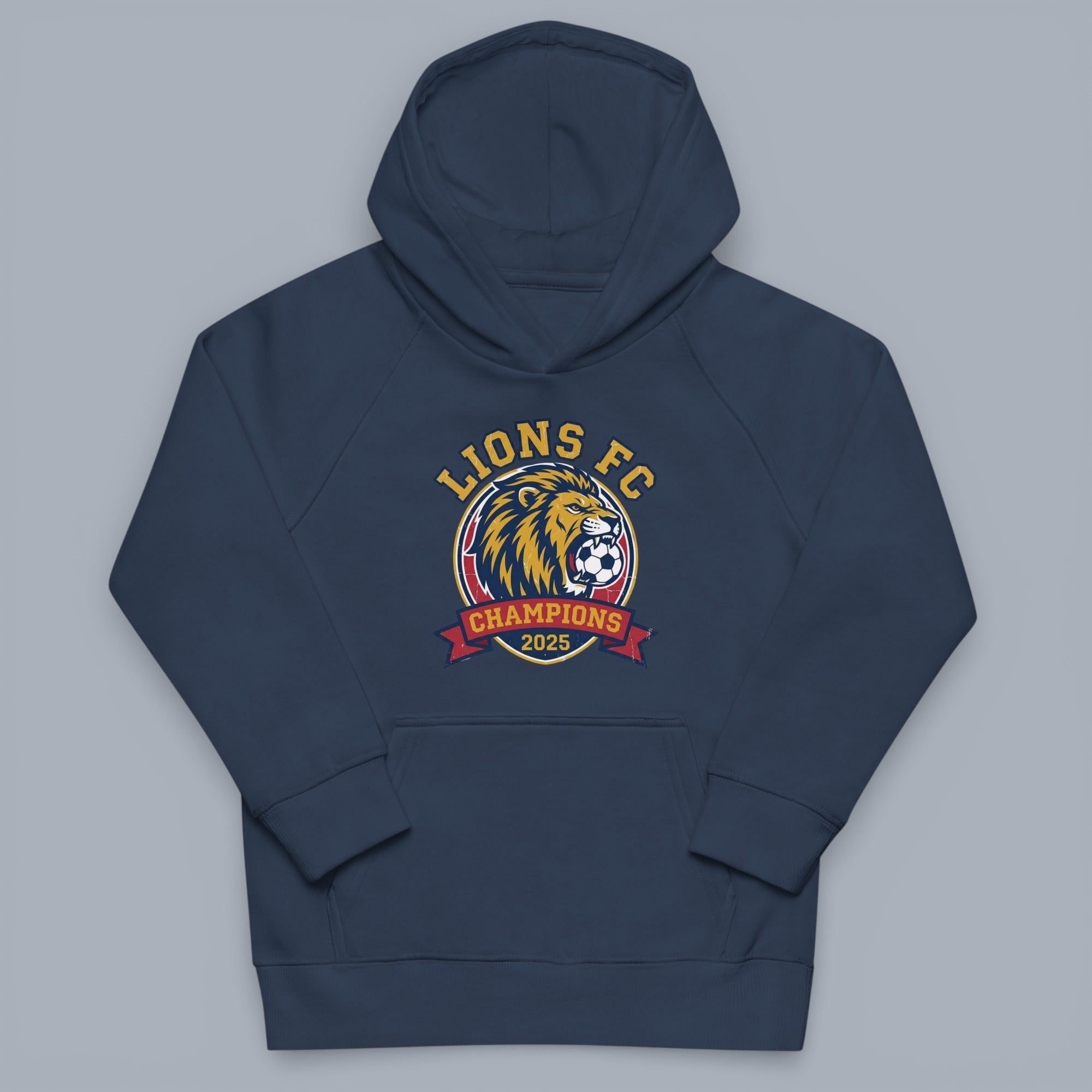 Coocosh hoodie with the text "Lions FC Champions 2025", featuring a lion biting a soccer ball. The hoodie is a standard fit in a navy blue color. This is a straight-on product shot.