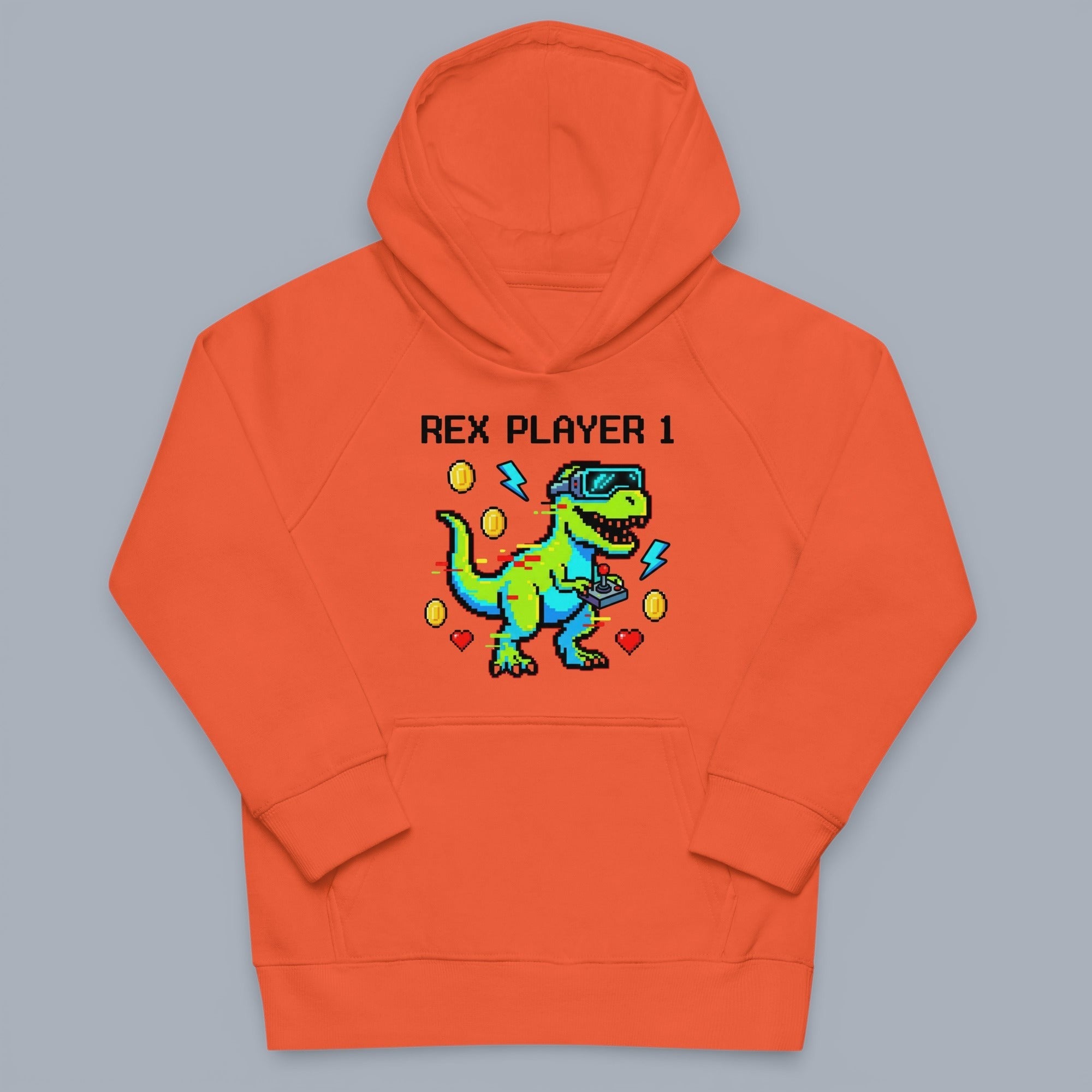 Coocosh hoodie with a pixelated T-Rex graphic playing video games, featuring "Rex Player 1" text. Made of comfortable material in a vibrant orange color, standard fit. Stylish and fun, ideal for gamers and dino lovers alike. Perfect for casual wear, prese