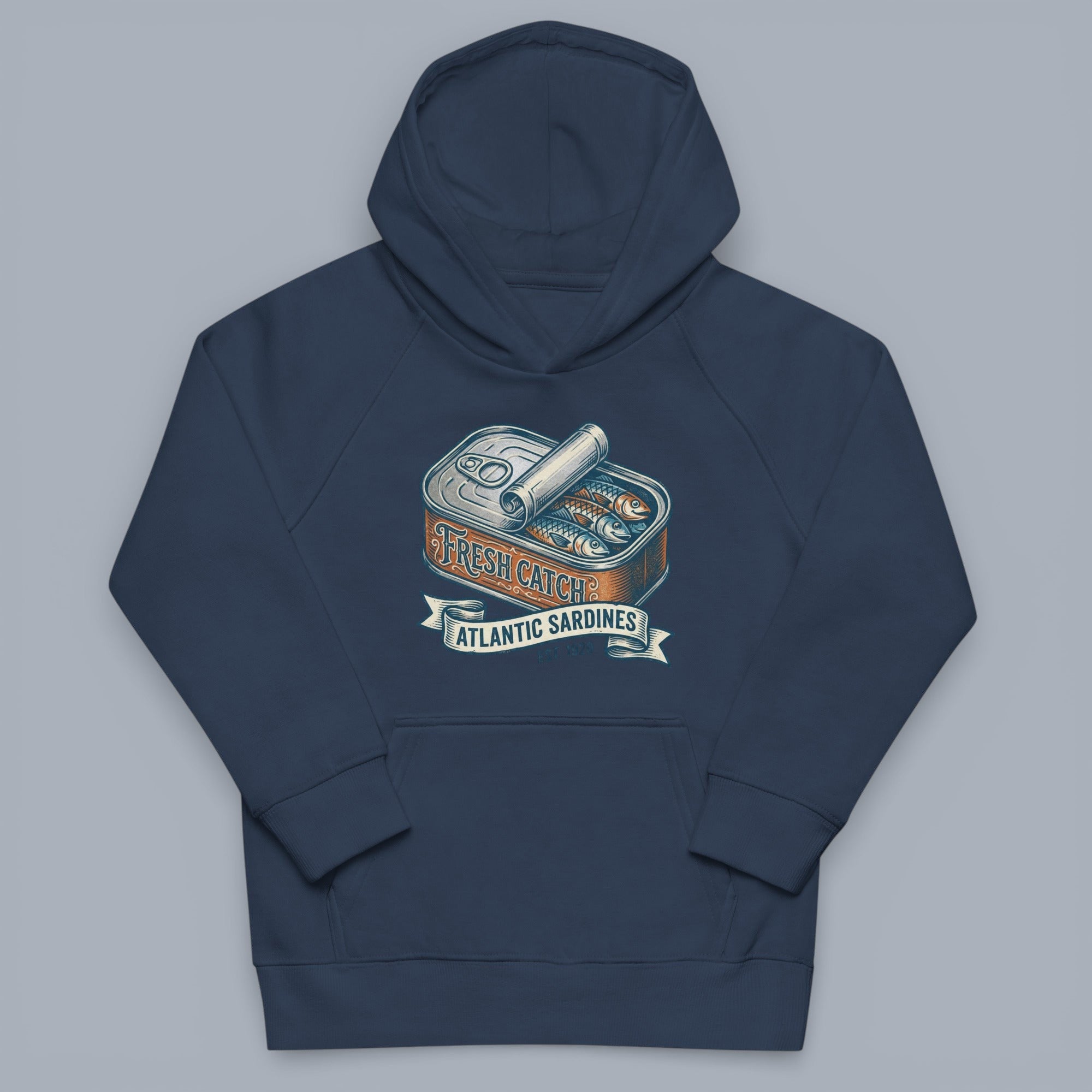 Coocosh Hoodie featuring a vintage-style sardine can graphic, emphasizing "Fresh Catch Atlantic Sardines", in a dark blue color, showcasing a unique and eye-catching design. This blend combines comfort with a distinctive nautical aesthetic. A casual state