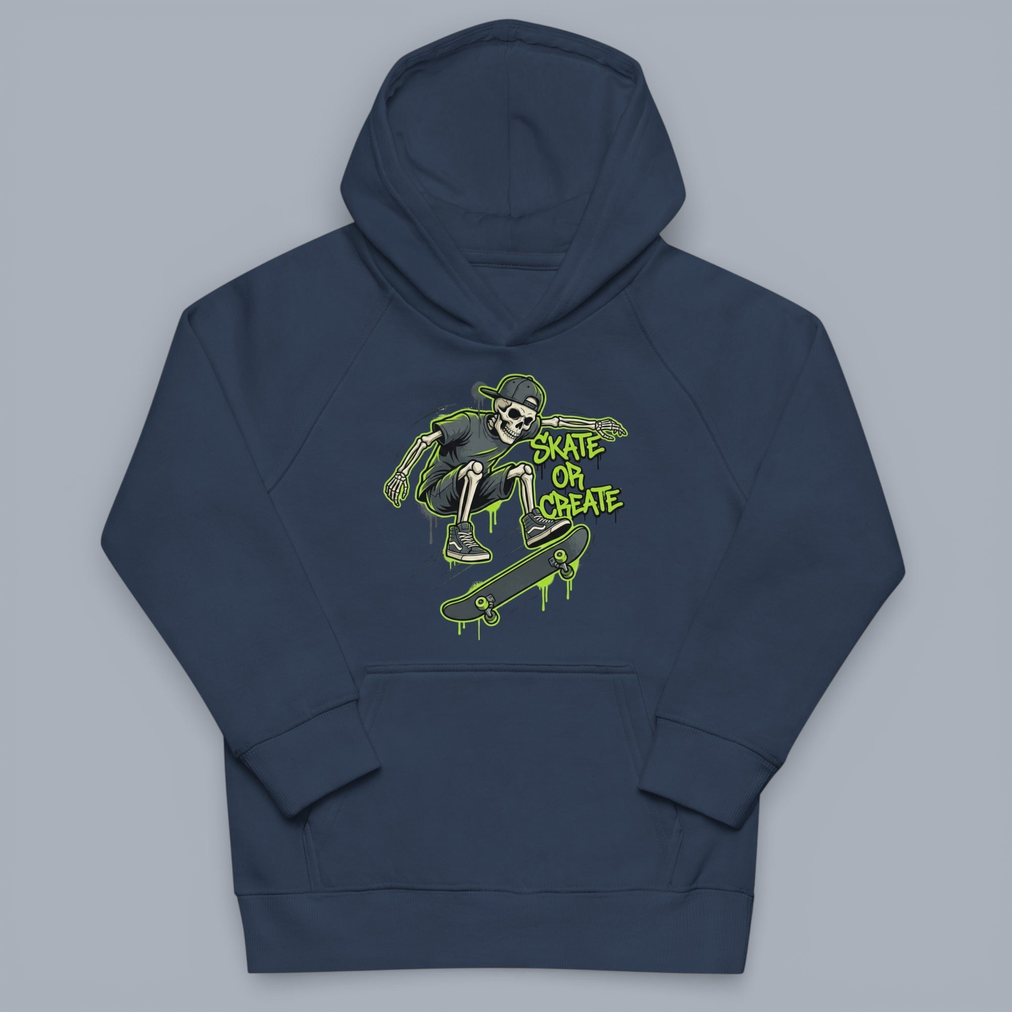Coocosh Hoodie featuring a skeleton skateboarding graphic with neon green accents, perfect for casual wear or expressing your love for skate culture in dark blue. A cool and stylish choice.