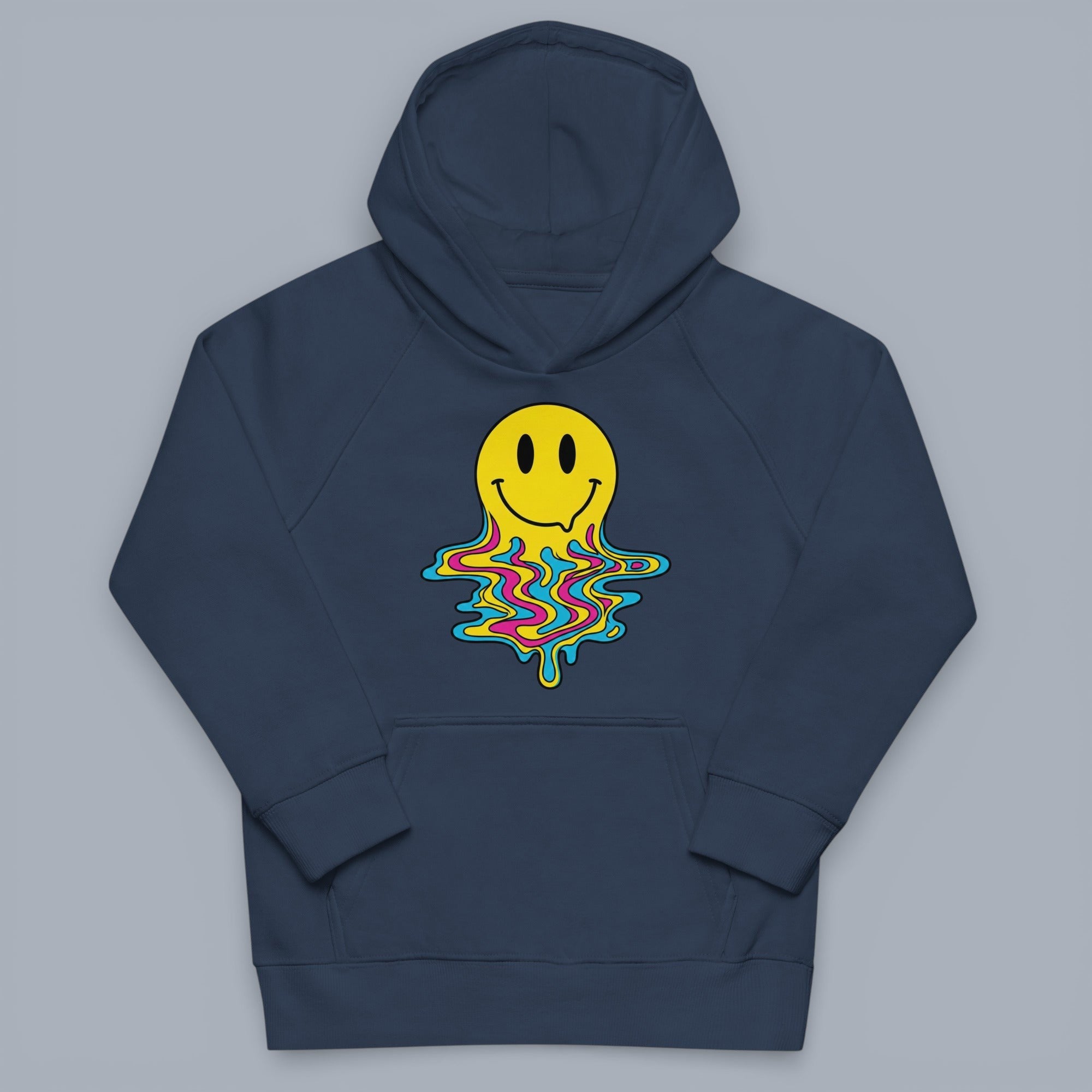 Coocosh Hoodie features a vibrant melting smiley face design. This comfy and stylish blue hoodie is perfect for casual wear, offering a unique and eye-catching look. Standard fit.
