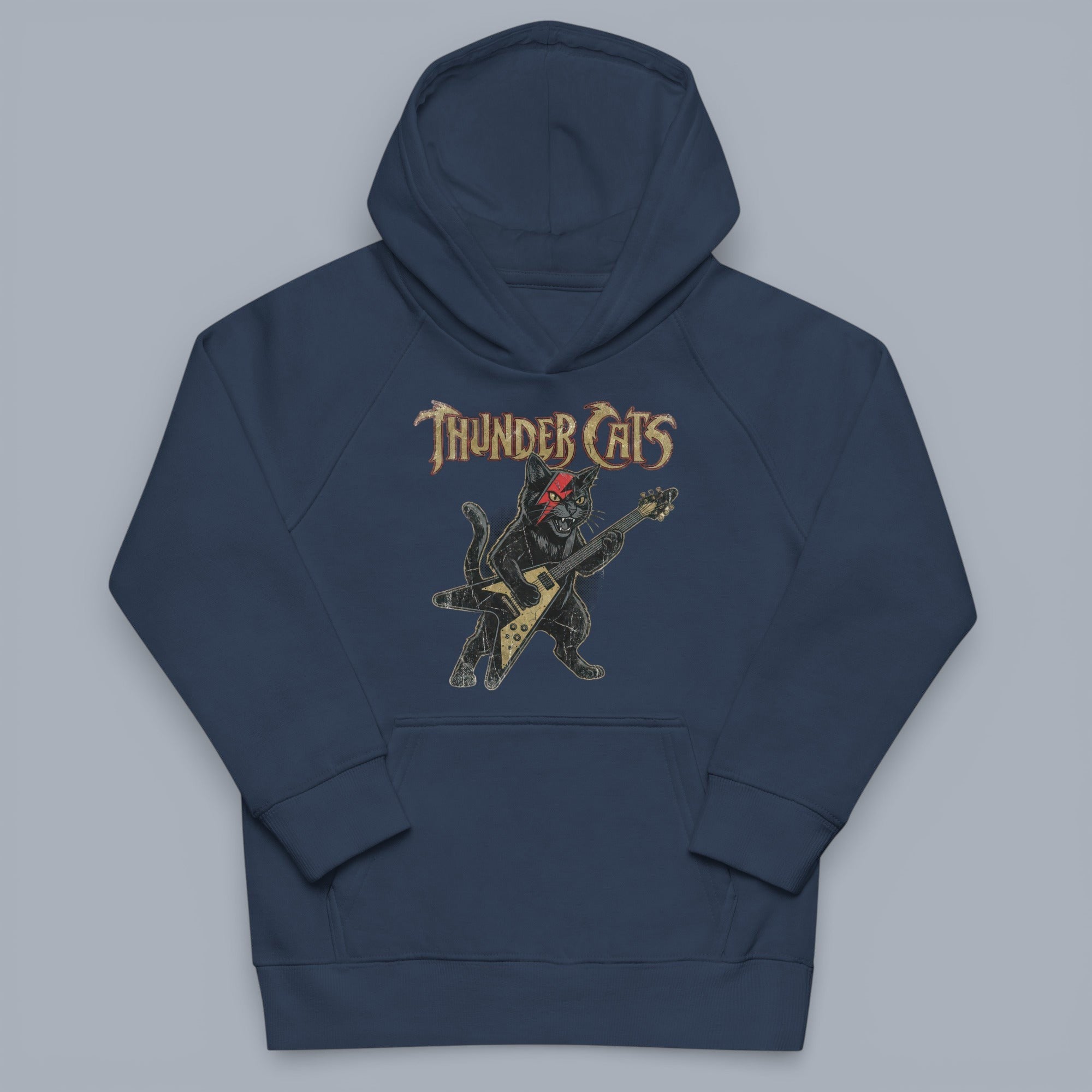 Coocosh Hoodie featuring a rock-and-roll cat playing a Flying-V guitar, paying homage to Thundercats in navy blue. Perfect for casual wear and music lovers alike. A unique design.