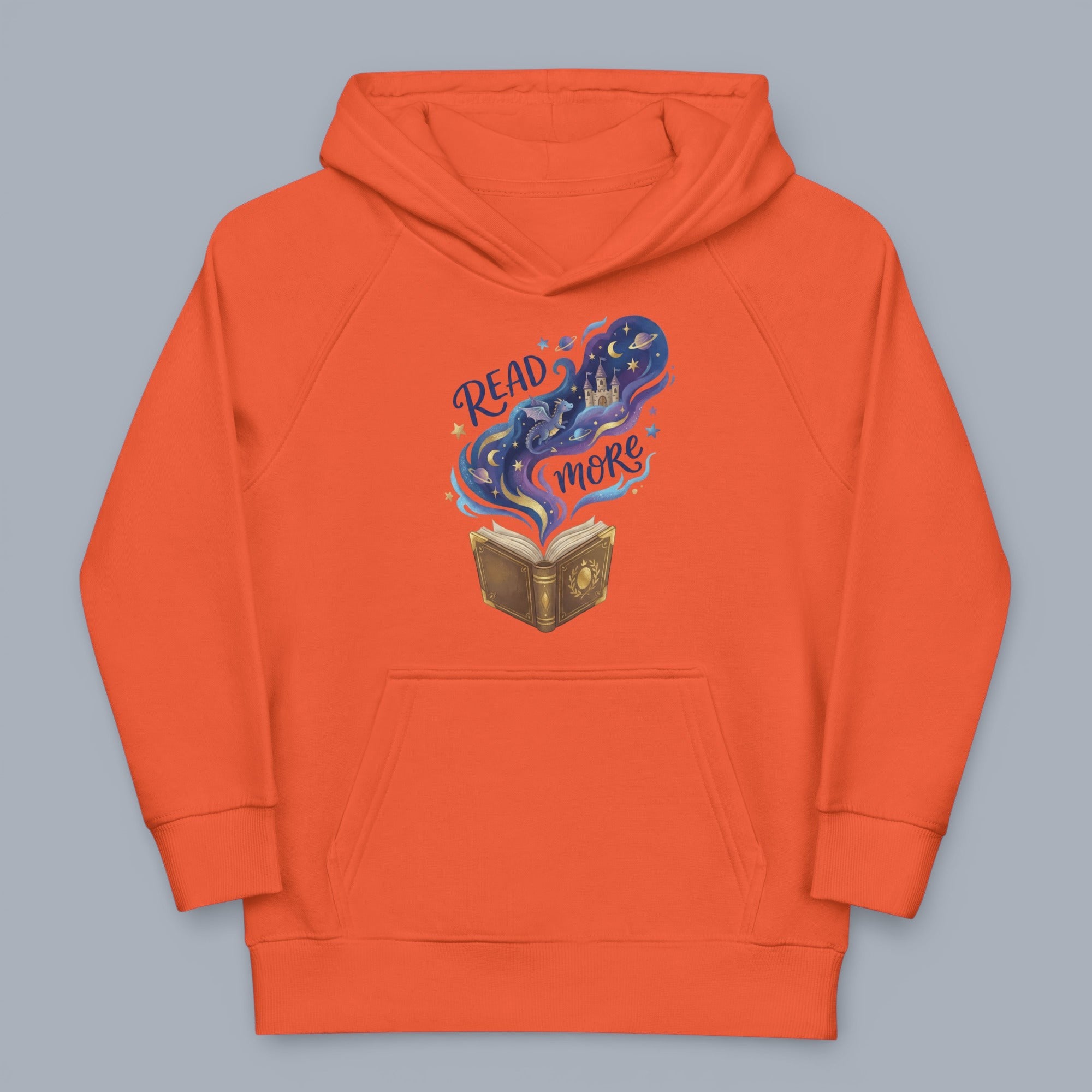 Coocosh Hoodie featuring a magical book design encouraging reading, made from a soft, durable fabric in a vibrant orange color, standard fit. Perfect for cozy bookworms. .