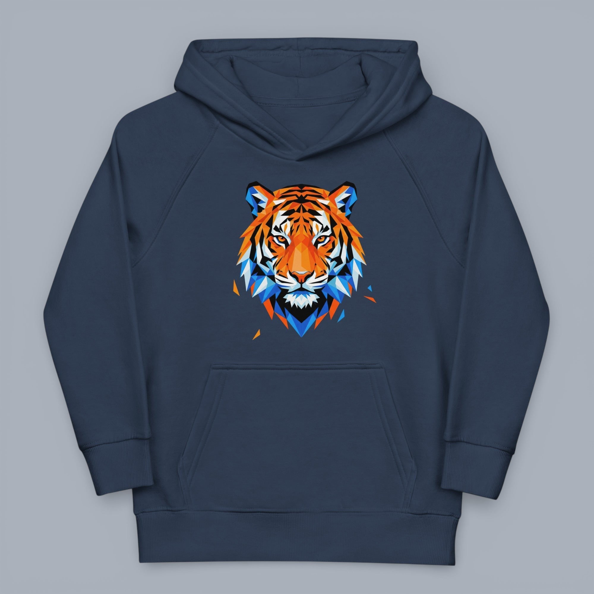 Coocosh hooded sweatshirt featuring an eye-catching abstract tiger print in orange, blue, and black. The comfortable fit and vibrant design make it a standout piece. A great fit. Finished with a period.