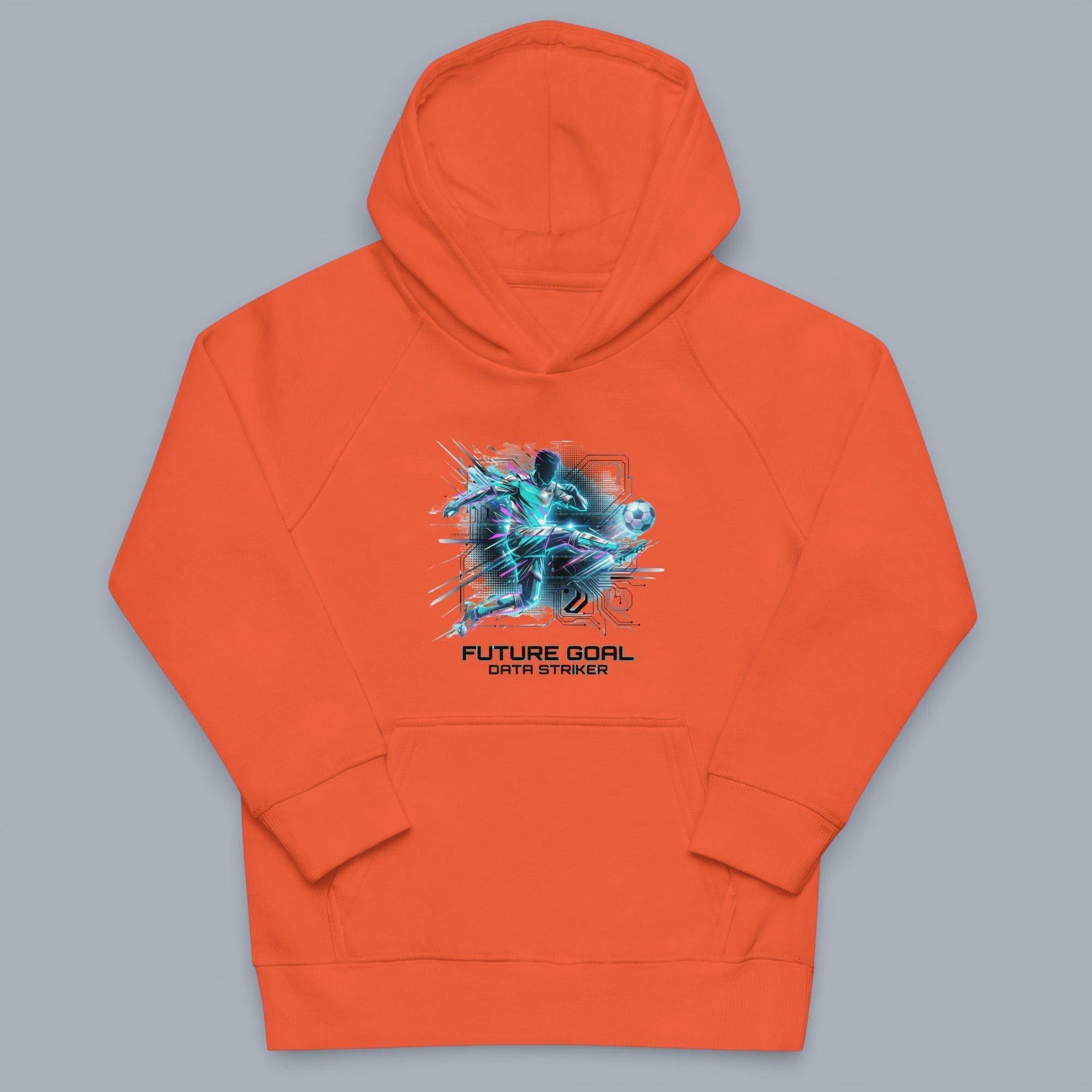 Coocosh hoodie with a striking digital soccer player design. The orange fabric contrasts with the futuristic graphic, creating a modern and sporty look ideal for casual wear. A cool design.