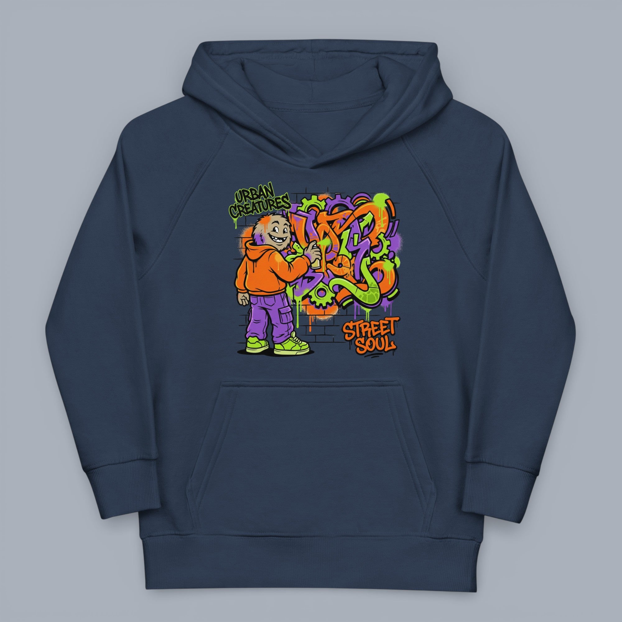 Navy blue hoodie with colorful graphic design on a gray background