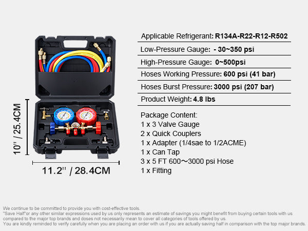 VEVOR AC Gauge Set - 3 Way AC Manifold Gauge Set For R134A R22 R12 R502 Refrigerant, Freon Gauges With 5ft Hoses, Couplers, Can Tap