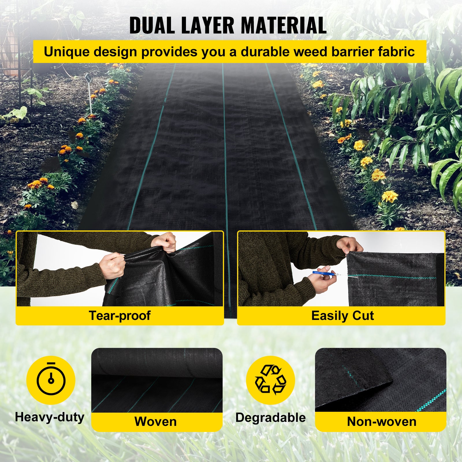 VEVOR Weed Barrier, 5.8oz Landscape Fabric, 3ft x 300ft Heavy-Duty Woven Geotextile - Black