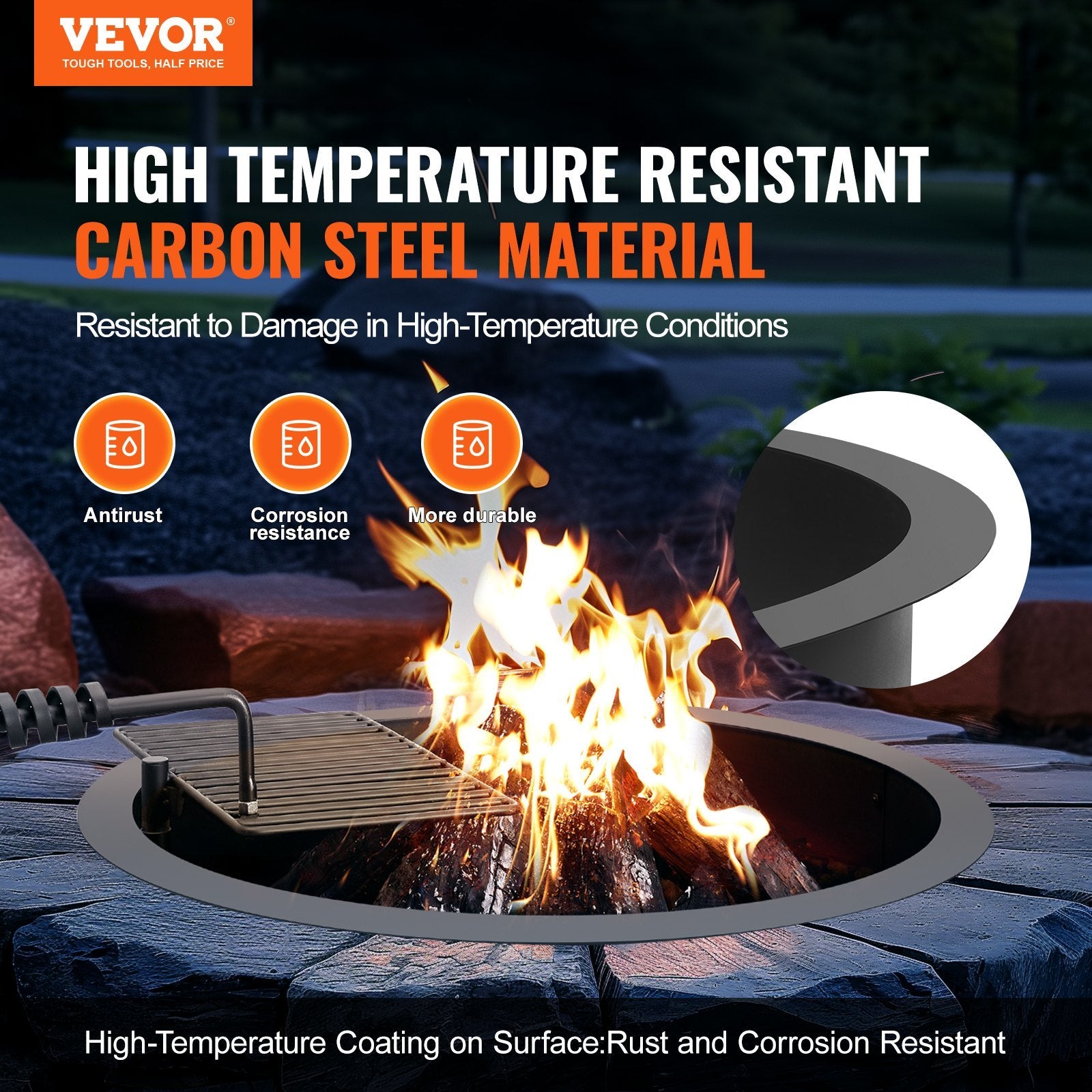 35" Fire Pit Ring with Swivel Grill – Heavy-Duty Steel Outdoor Campfire Insert