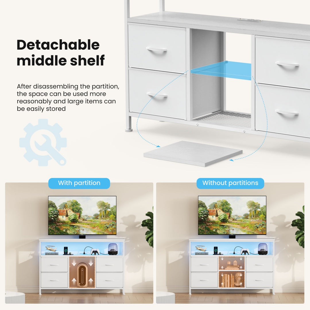 TV Stand, 4 Drawers, With LED Lights And Power Sockets, 50-inch TV Living Room Furniture, With Open Shelves And Adjustable Feet