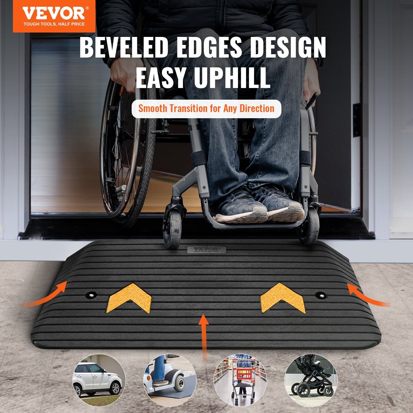VEVOR Upgraded Rubber Threshold Ramp — 15 Ton Load, 1-Channel Non-Slip Door & Curb Ramp for Wheelchair & Scooter