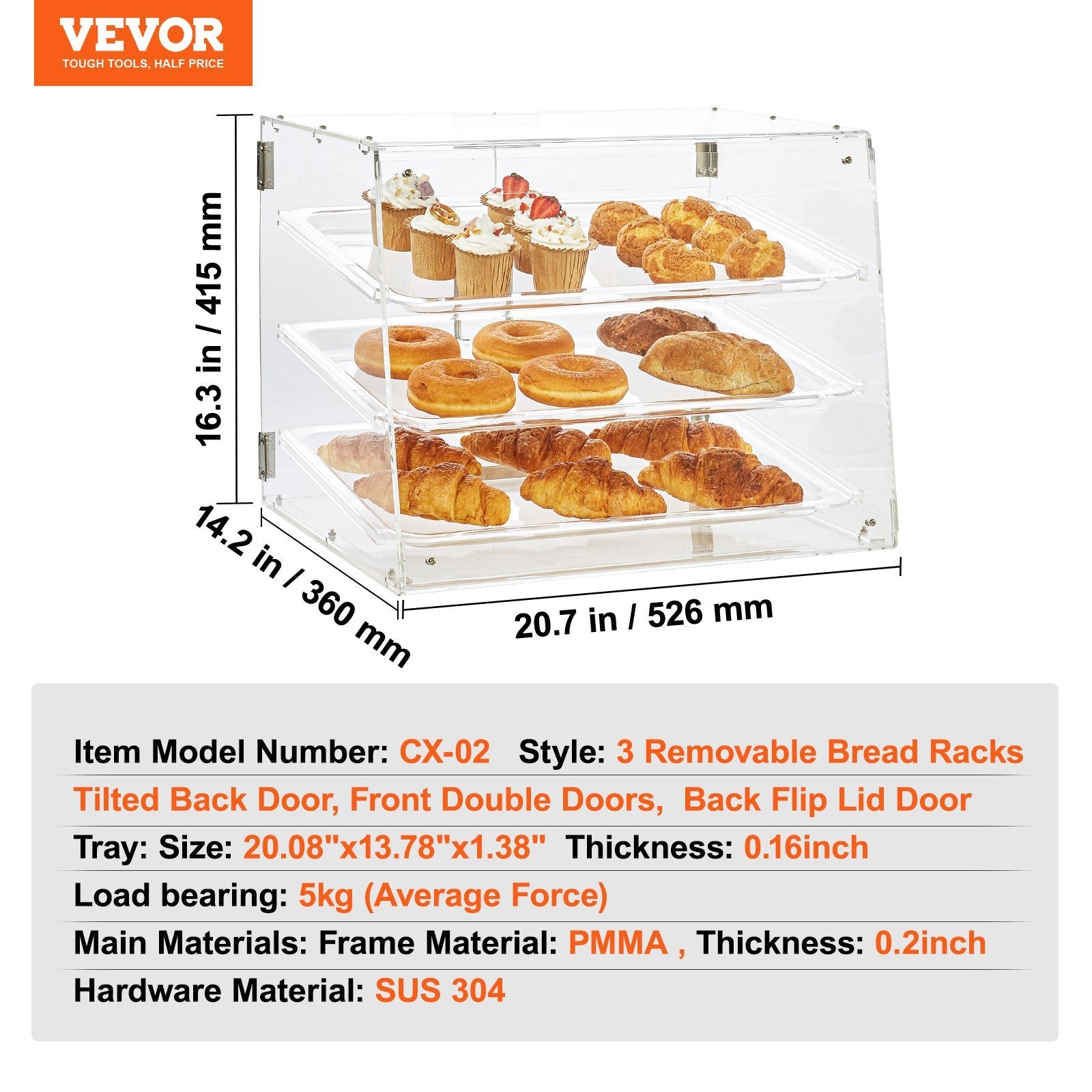 VEVOR Pastry Display Case, 3-Tier Commercial Countertop Bakery Display Case, Acrylic Display Box With Rear Door Access Removable Shelves