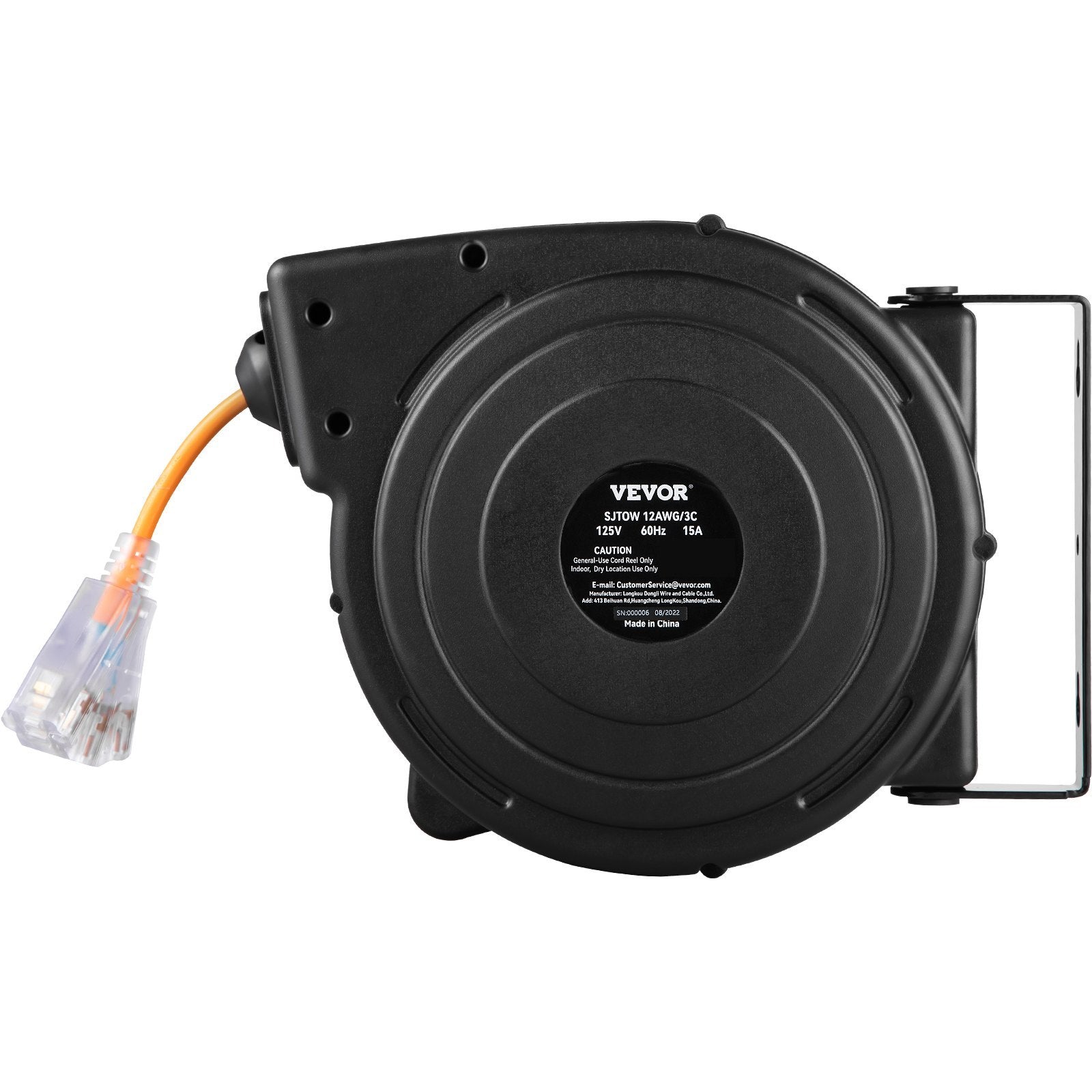 VEVOR Retractable Extension Reel, Heavy Duty 12AWG 3C SJTOW Power Cord 45 FT, Black