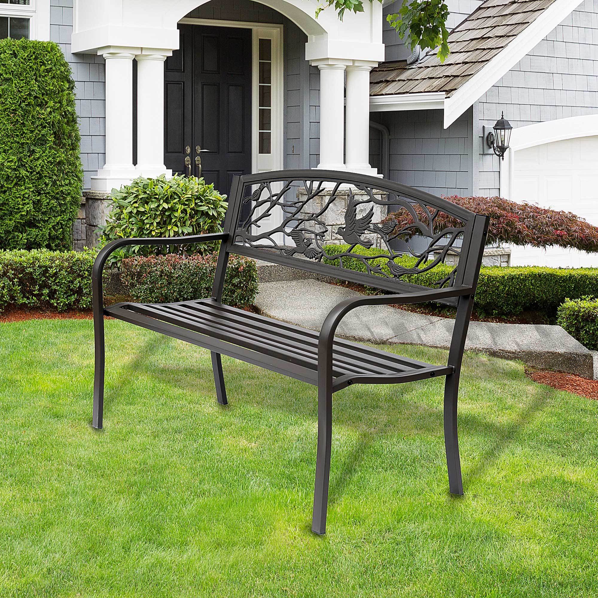 Brown Metal Garden Bench 50" — 2-Seat Patio Bench with Backrest & Armrests
