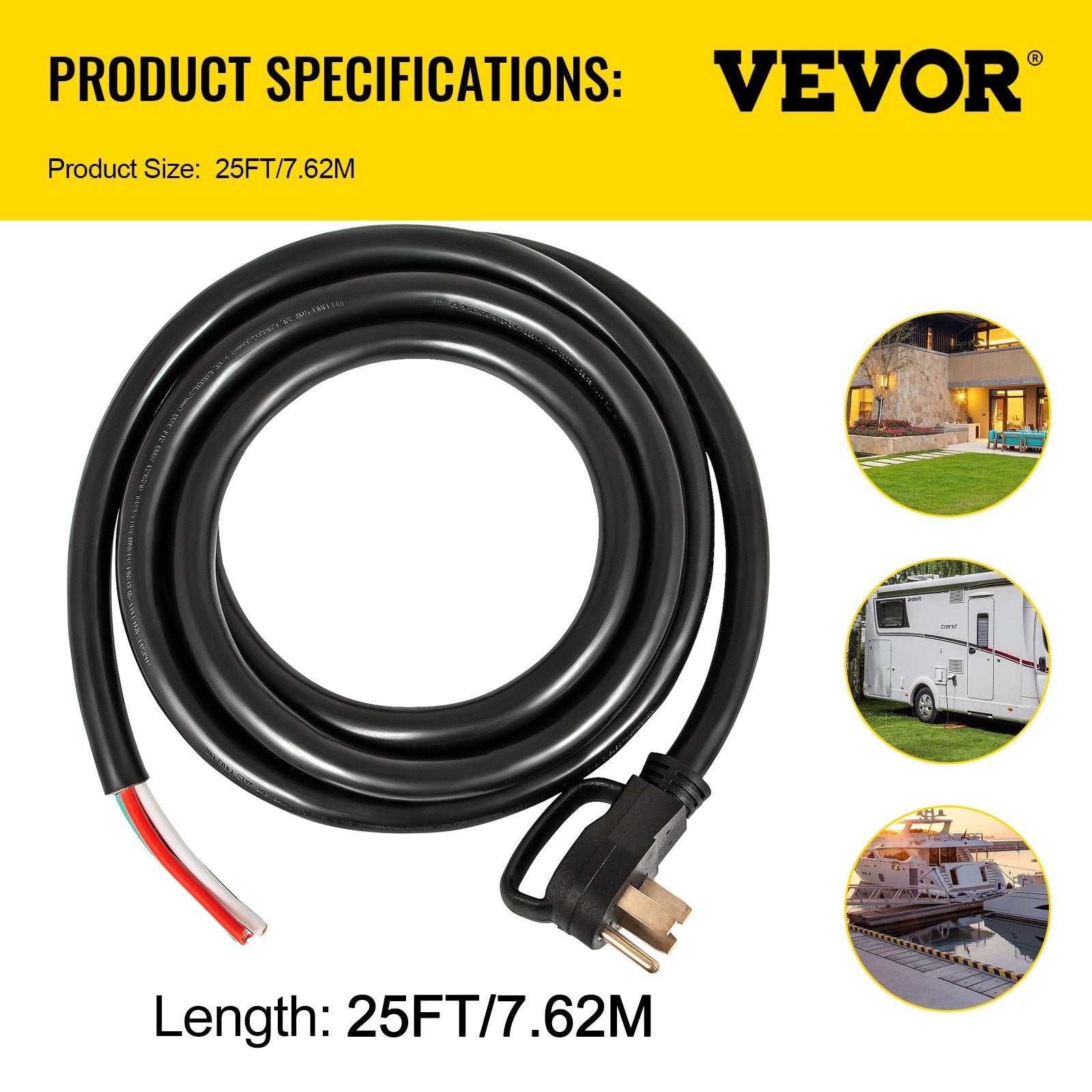VEVOR 25Ft 50Amp Generator Extension Cord 6 Gauge STW N14-50P To Bare Wire
