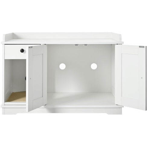 GO Cat Litter Box Enclosure, Hidden Litter Box Furniture with Storage Drawer & Mat — Farmhouse White