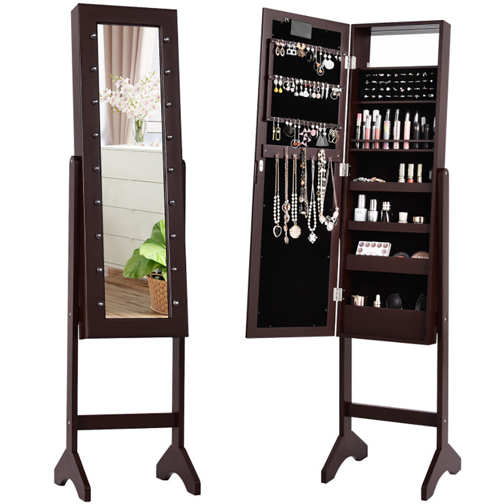 Coocosh standing jewelry armoire in dark brown with full-length mirror, featuring interior necklace, earring, and ring storage, open to reveal makeup organization on the right side.