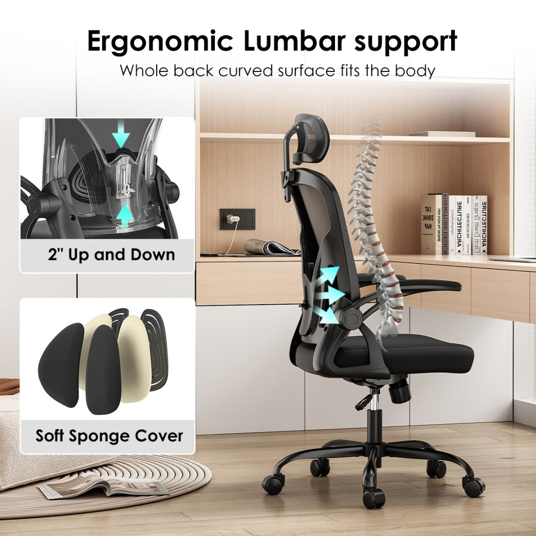 Ergonomic Office Chair with Headrest & Adjustable Lumbar Support — High Back, Mesh Swivel Desk Chair, Black