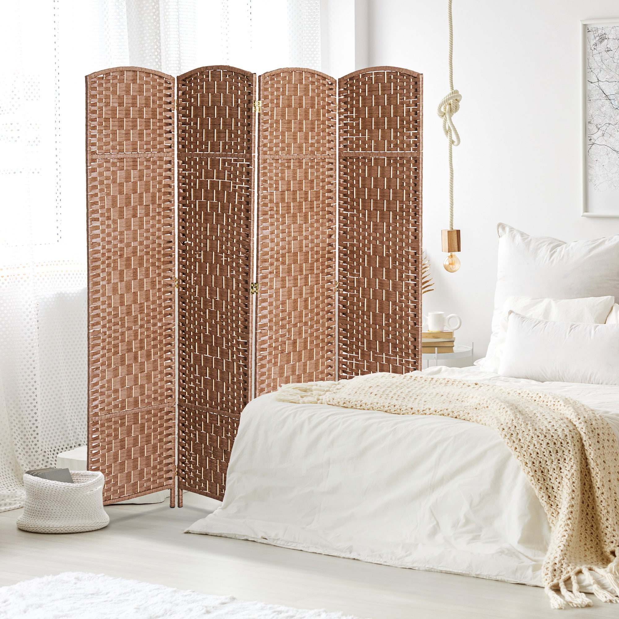 Coocosh Room Divider in woven design, crafted from durable wood material, featuring a warm brown hue, 6 feet tall, offering privacy and style in a modern bedroom setting.