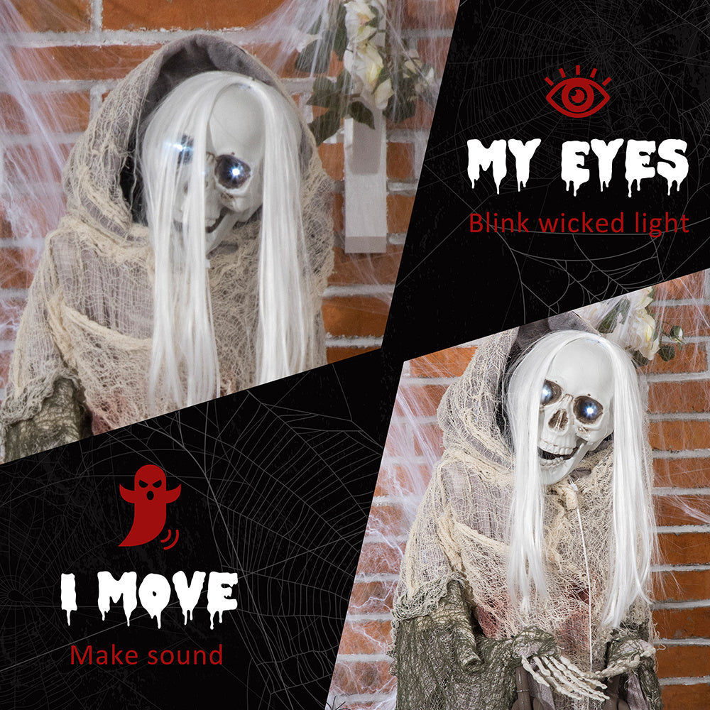 74inch Life Size Outdoor Halloween Decorations Skeleton Witch, Sound And Motion Activated Animated Prop Animatronic Decor With Light Up Eyes, Spooky Sound