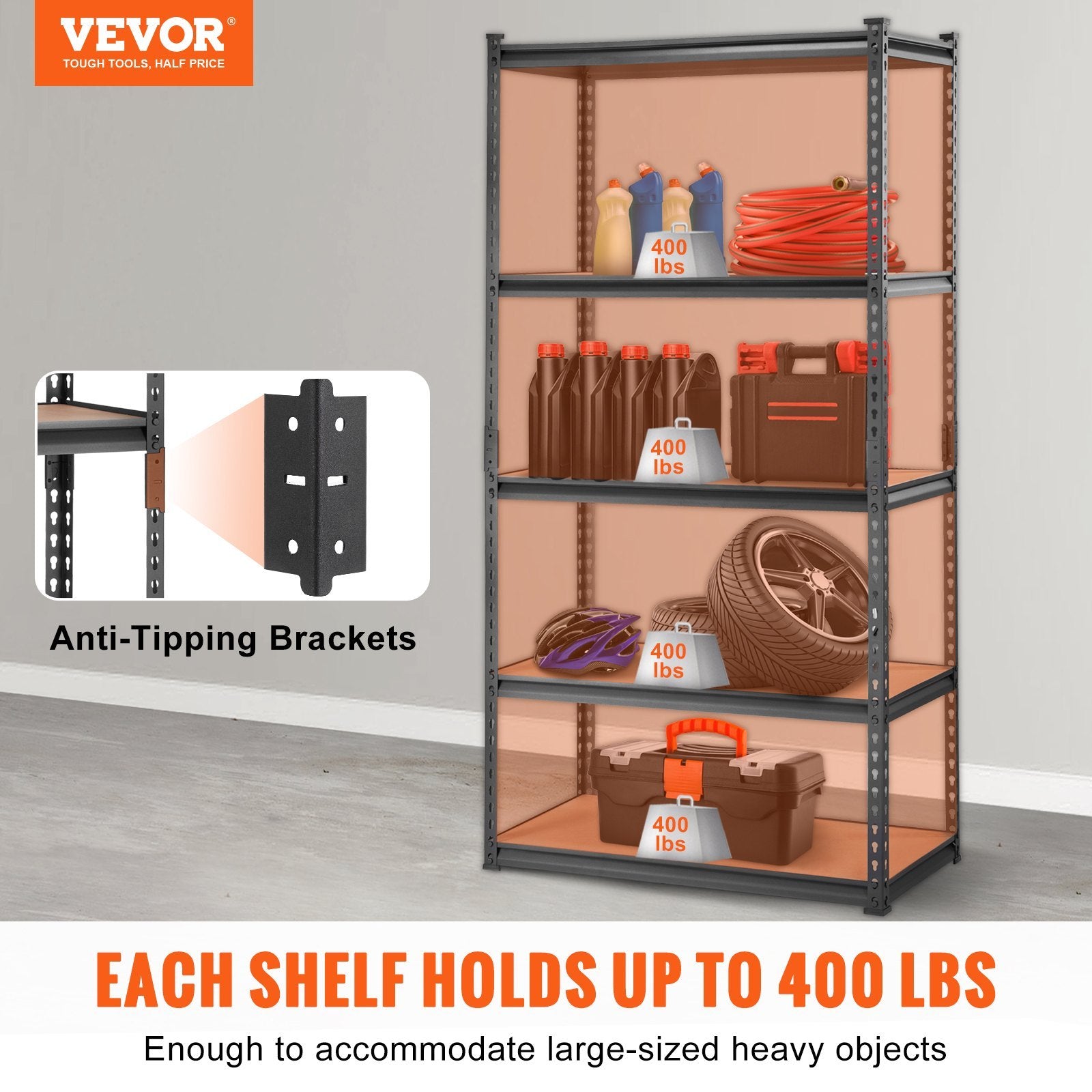 VEVOR Storage Shelving Unit, 5-Tier Adjustable, 2000 Lbs Capacity, Heavy Duty Garage Shelves Metal Organizer Utility Rack, Black