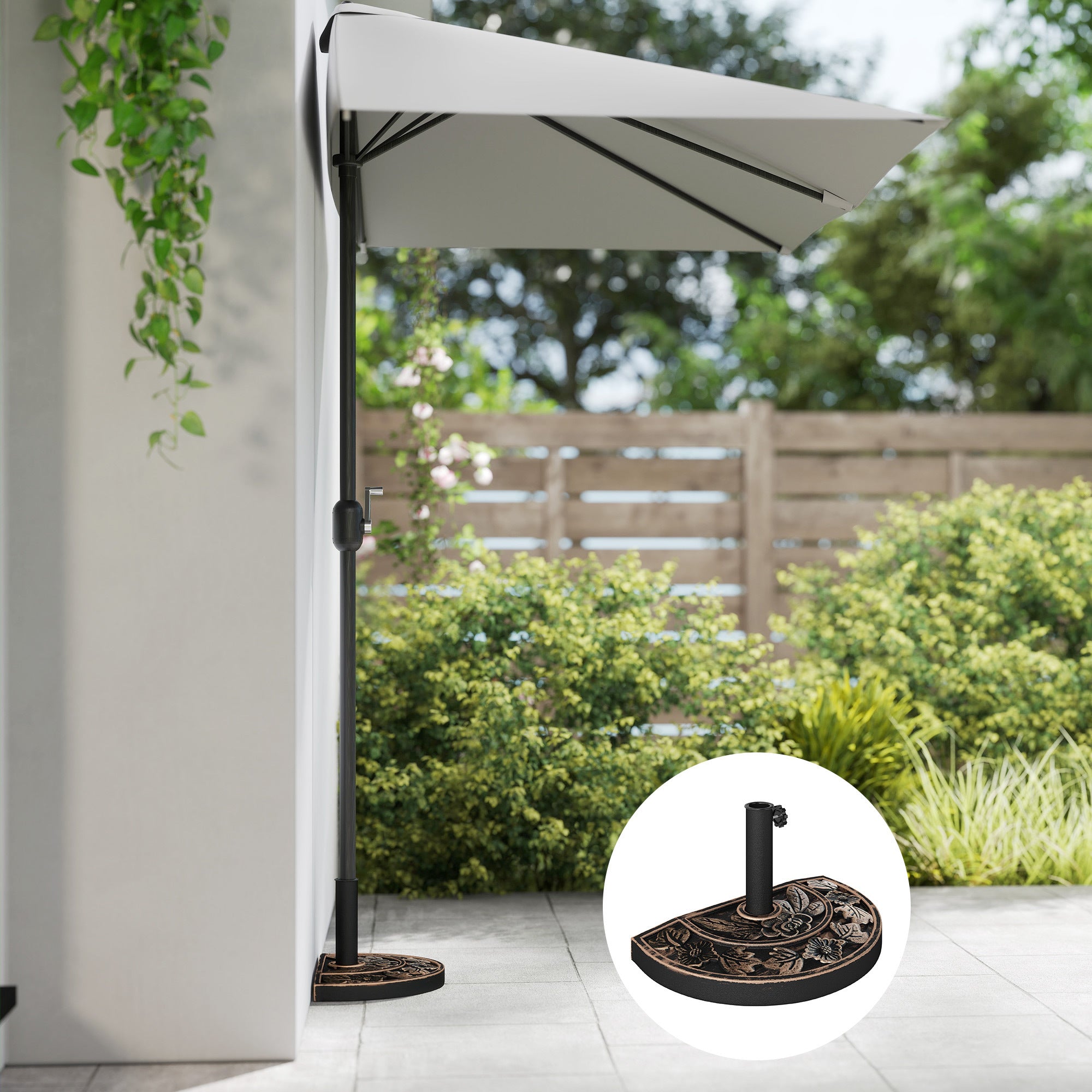 20lbs Half Round Patio Umbrella Base Outdoor Decorative Resin Parasol Stand Holder For 1.5, 1.9 Pole, Lawn, Deck, Garden Use, Bronze