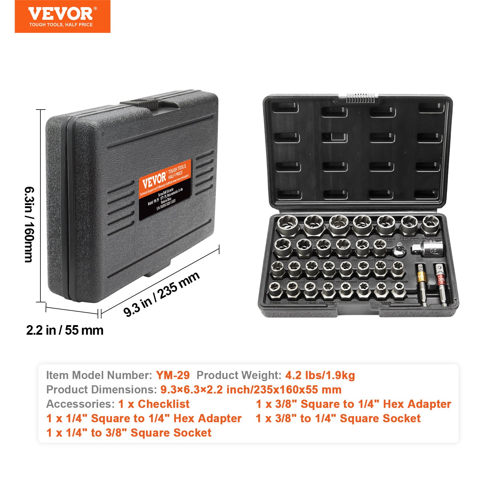 VEVOR 29-Piece Bolt & Nut Extractor Set, CR-MO Steel, 6–10mm with Case
