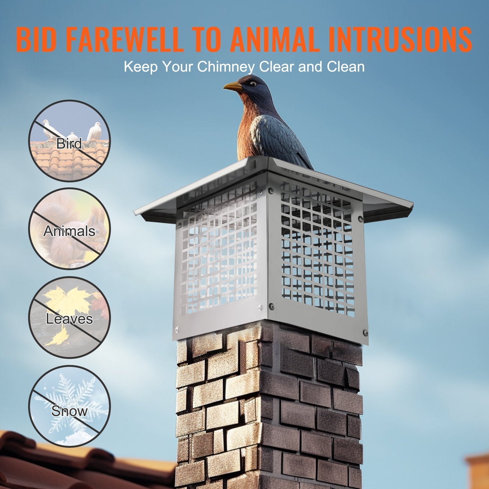 VEVOR Chimney Cap, 13 X 9 Inch, 304 Stainless Steel Fireplace Chimney Cover, Not Easily Toppled, Easy Installation, Fits Mesh Flue Covers Outside Clay Flue Shingles - Silver