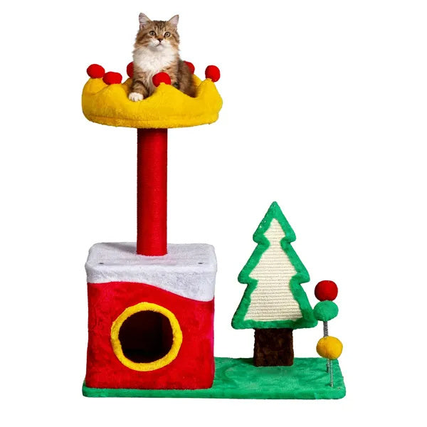 29.5in Christmas-Themed Plush Cat Tree — Multi-Level Cat Tower & Condo