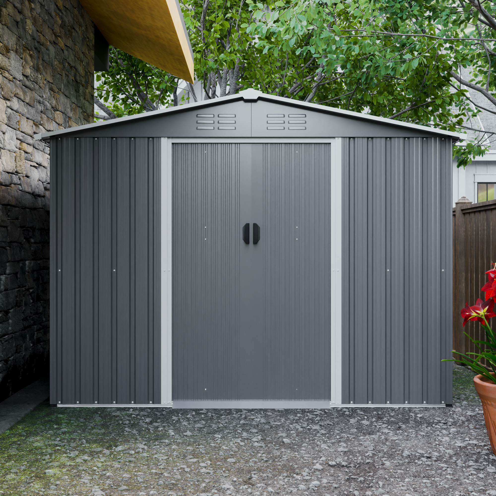 8x6 FT Outdoor Tool Storage Shed With Metal Foundation & Lockable Sliding Doors, Gray