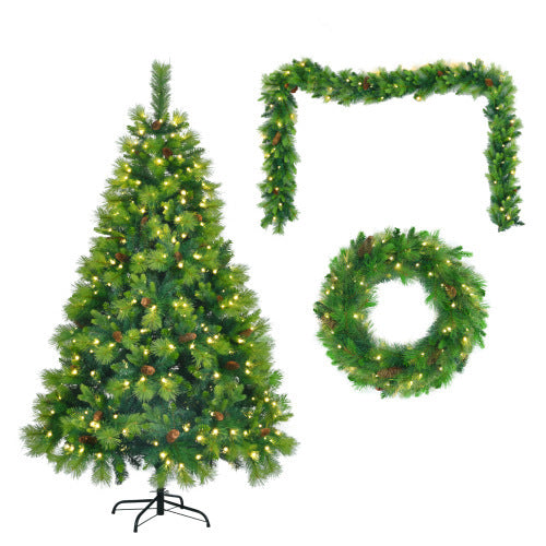 6FT Grass Green Pre-Lit Christmas Tree Set with 9ft Garland & 1.64ft Wreath