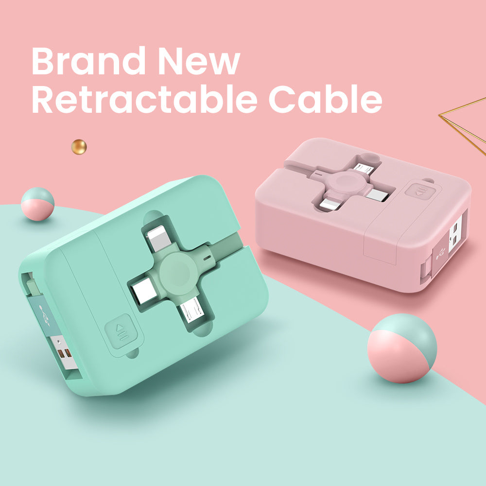 Retractable 3-in-1 Charging Cable with Stand & Storage (USB-A to USB-C/Micro/Lightning, 100 cm, 0.3 A (USB-A Input + 3 Tips)