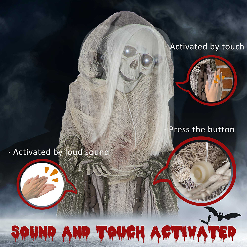 74inch Life Size Outdoor Halloween Decorations Skeleton Witch, Sound And Motion Activated Animated Prop Animatronic Decor With Light Up Eyes, Spooky Sound