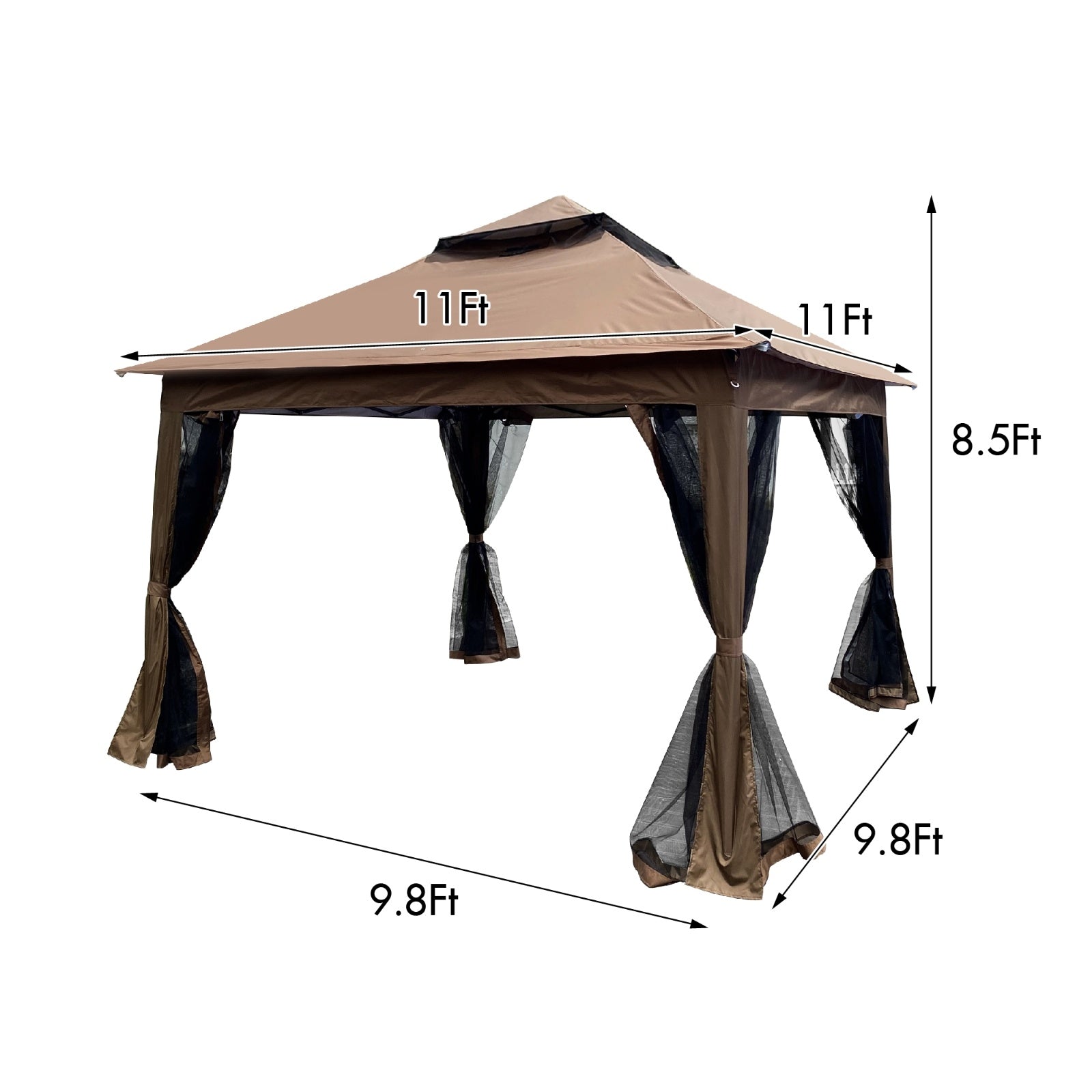 Outdoor 11x11 Ft Pop-Up Gazebo Canopy with Zipper Netting, 2-Tier Soft Top Tent - Brown