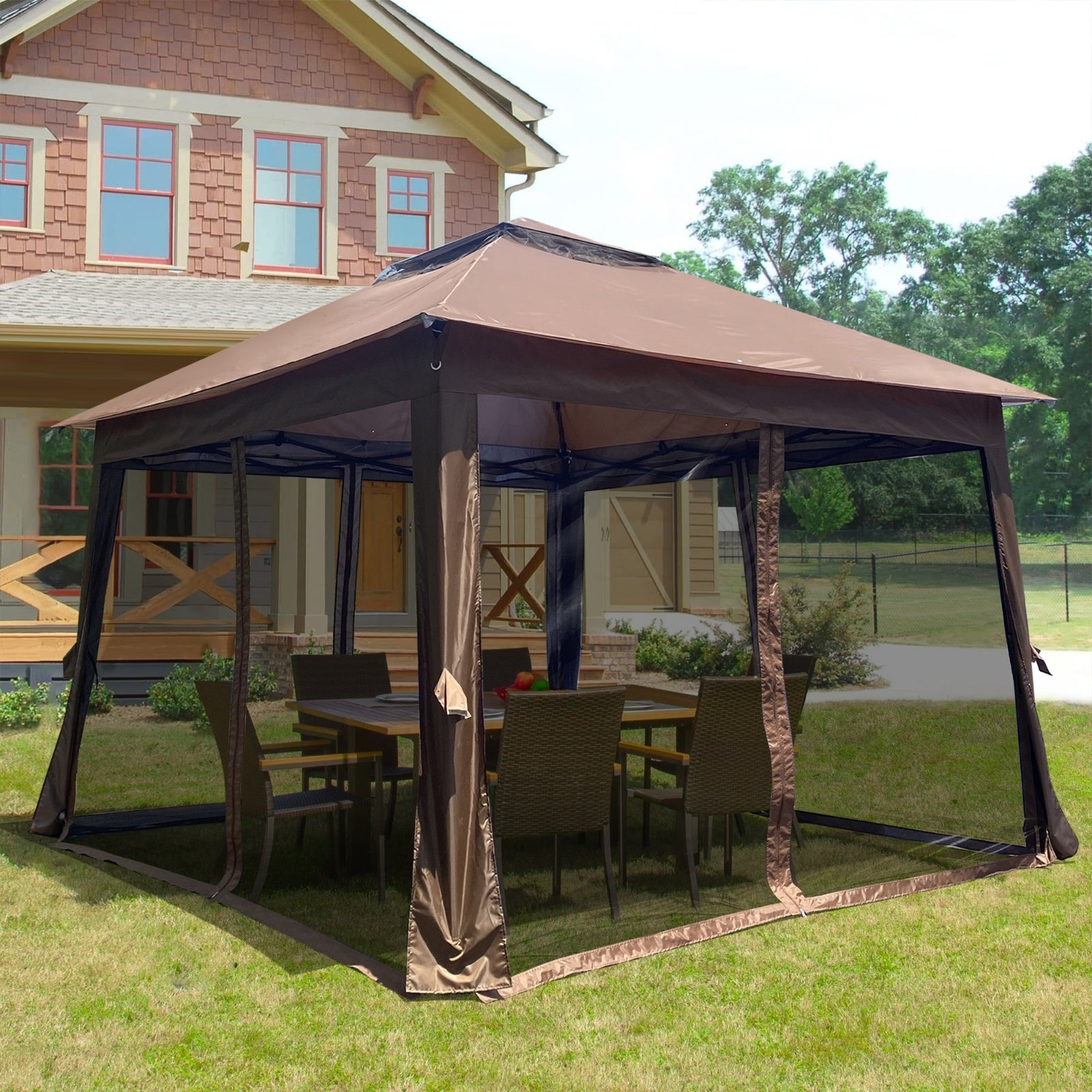 Outdoor 11x11 Ft Pop-Up Gazebo Canopy with Zipper Netting, 2-Tier Soft Top Tent - Brown