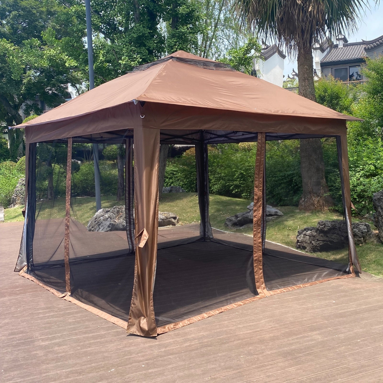 Outdoor 11x11 Ft Pop-Up Gazebo Canopy with Zipper Netting, 2-Tier Soft Top Tent - Brown