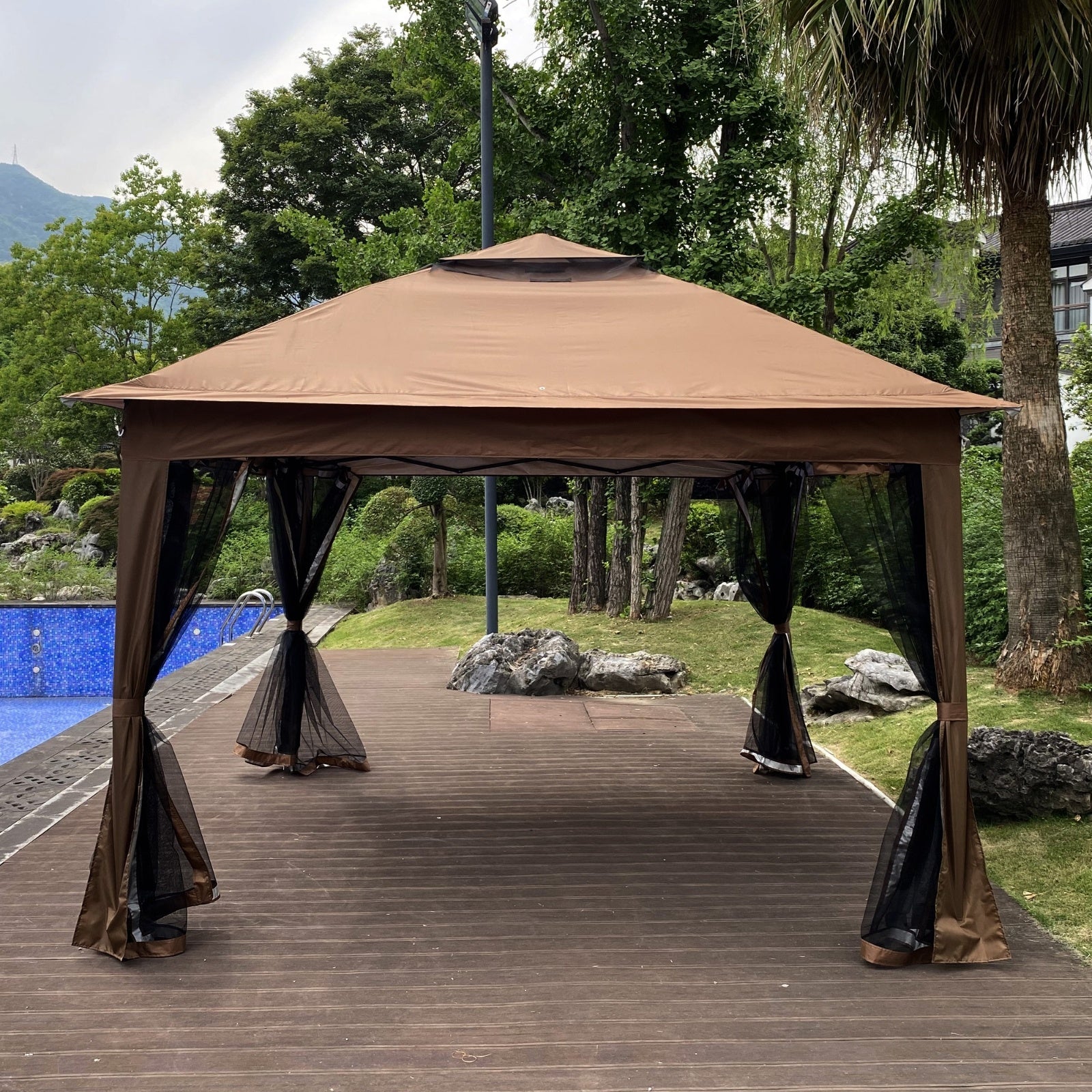 Outdoor 11x11 Ft Pop-Up Gazebo Canopy with Zipper Netting, 2-Tier Soft Top Tent - Brown