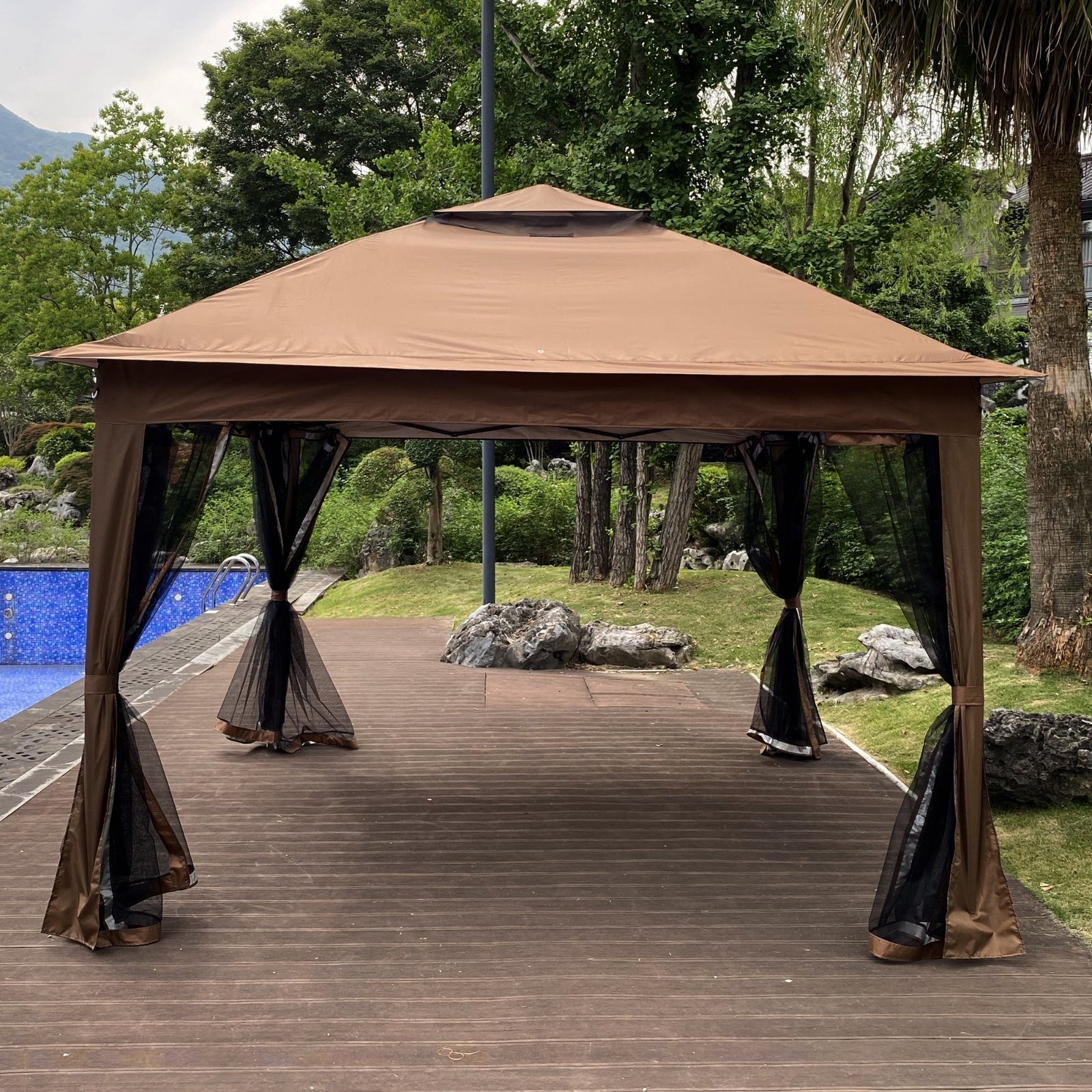 Outdoor 11x11 Ft Pop-Up Gazebo Canopy with Zipper Netting, 2-Tier Soft Top Tent - Brown