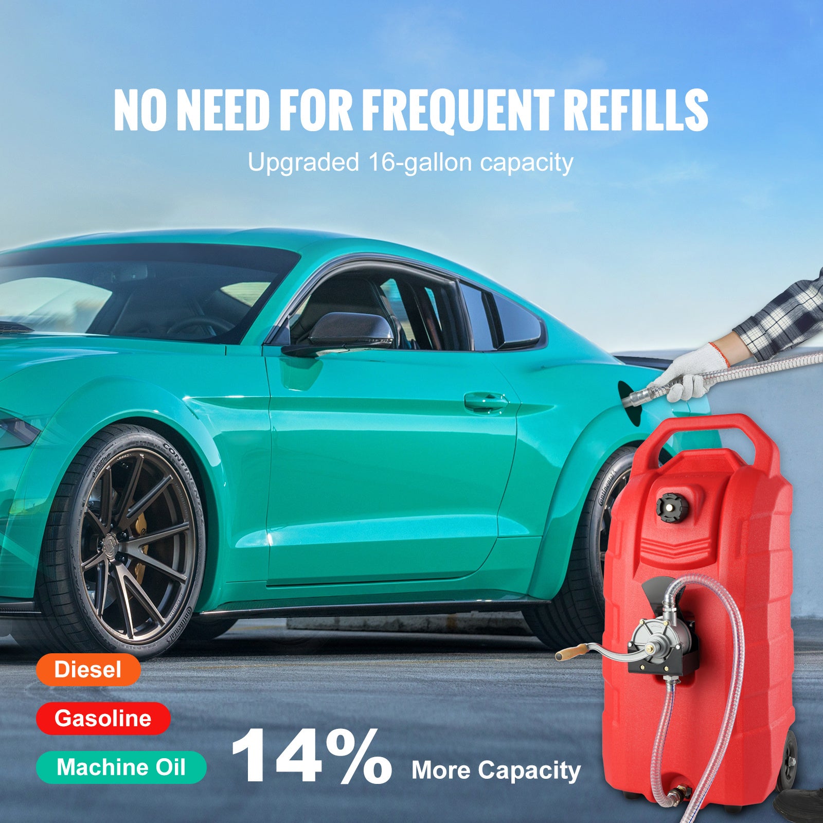 VEVOR 16 Gallon Fuel Caddy, Portable Gas Storage Tank Container With Hand Rubber Wheels