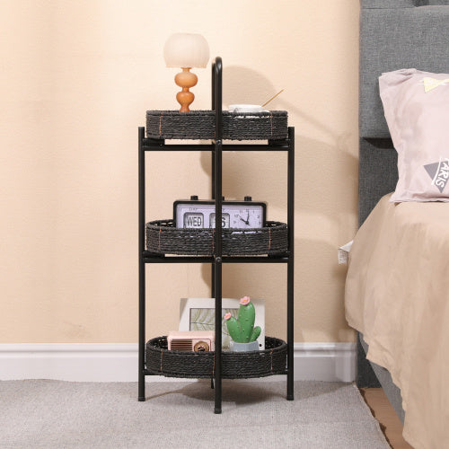 Small Handwoven Side Tables 3-Tier Oval Organizer Portable Storage Shelf For Kitchen, Living Room, Bedroom, Balcony, Picnic - Black