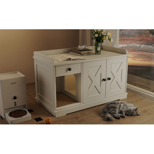 GO Cat Litter Box Enclosure, Hidden Litter Box Furniture with Storage Drawer & Mat — Farmhouse White