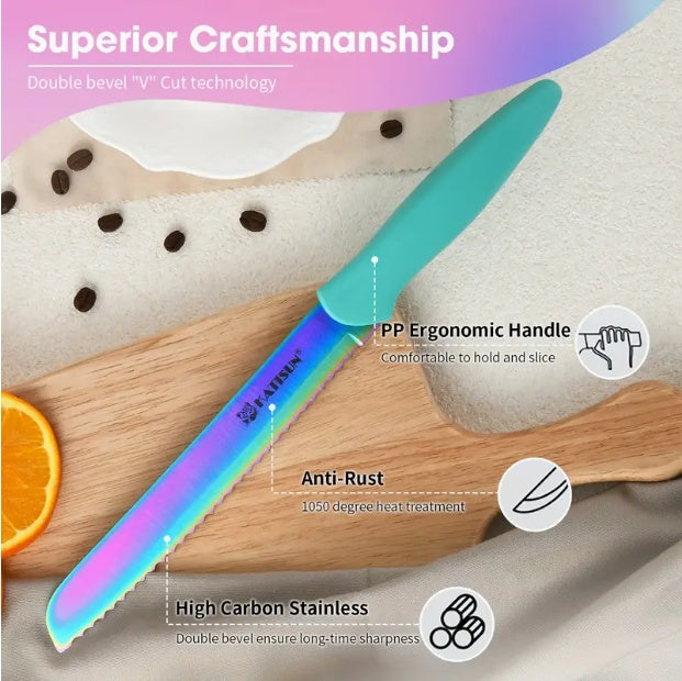 14-Piece Rainbow Colored High Carbon Stainless Steel Kitchen Knife Set with Wooden Stand & Scissors