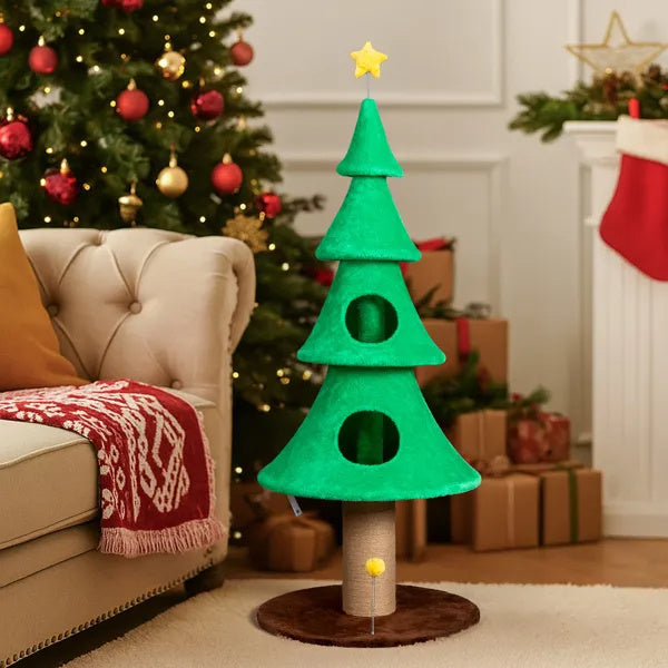 59in Large Tall Christmas Tree Cat Tower With 2 Cat Condos & Scratching Post, Soft Fleece, Teaser Toy, Sturdy Base - Green